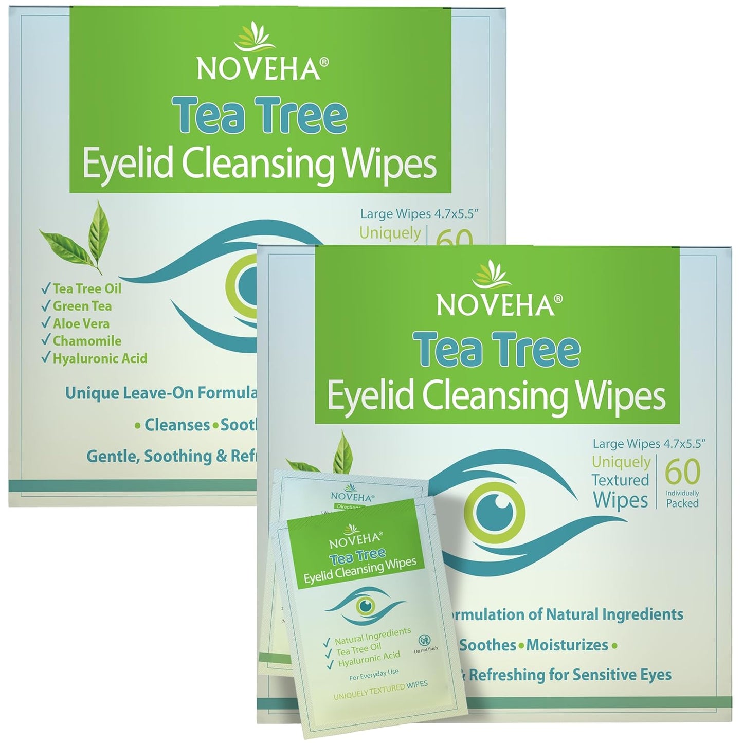 NOVEHA Tea Tree Oil Eyelid & Lash Wipes - Hyaluronic Acid, Green Tea & Chamomile | 60 Individually Wrapped Cleansers for Blepharitis & Itchy Eyes