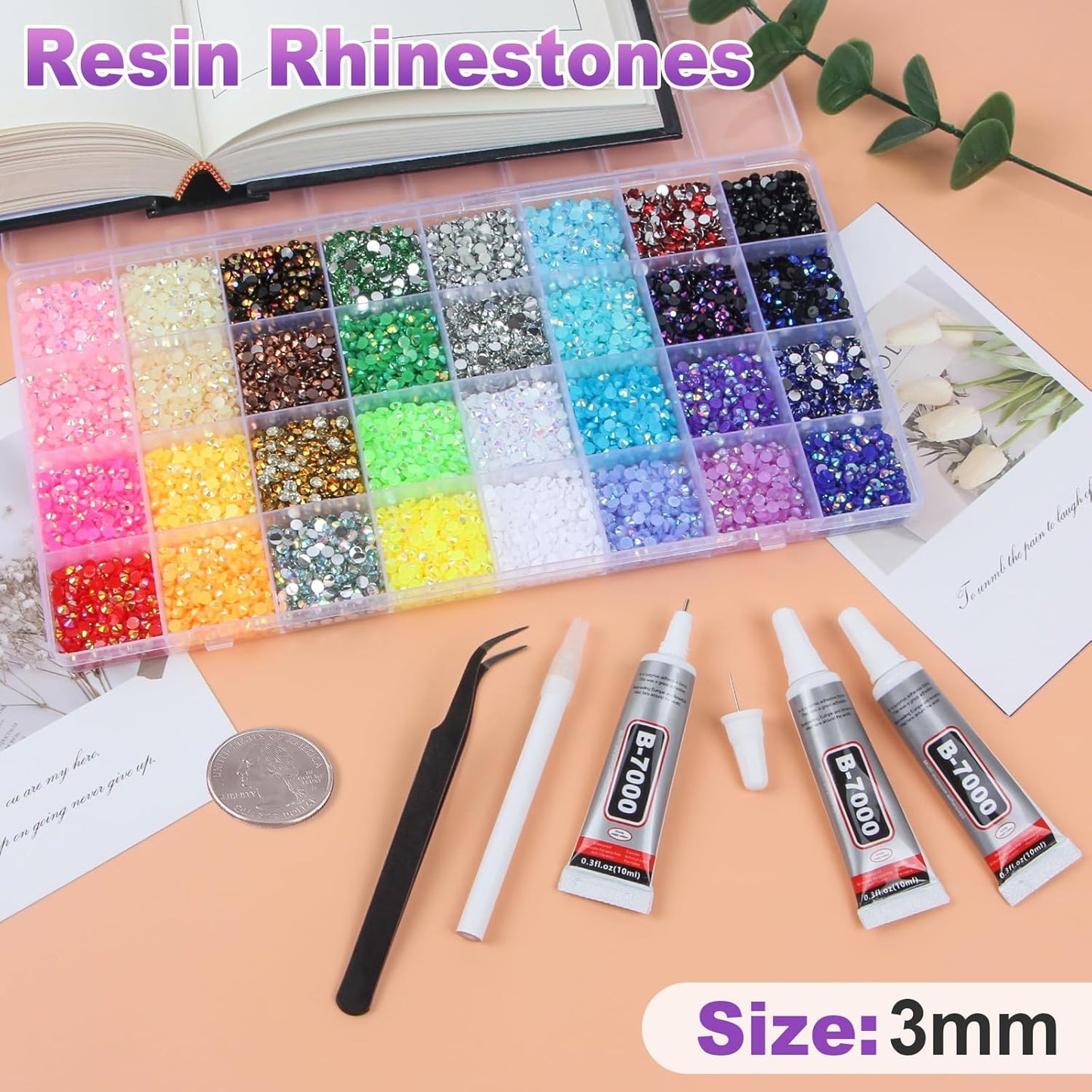 Jelly Resin Rhinestones - 45000 Pcs 32 Colors Flatback Gems for Crafting | 3mm Multicolor Bedazzler Kit with B7000 Jewelry Glue