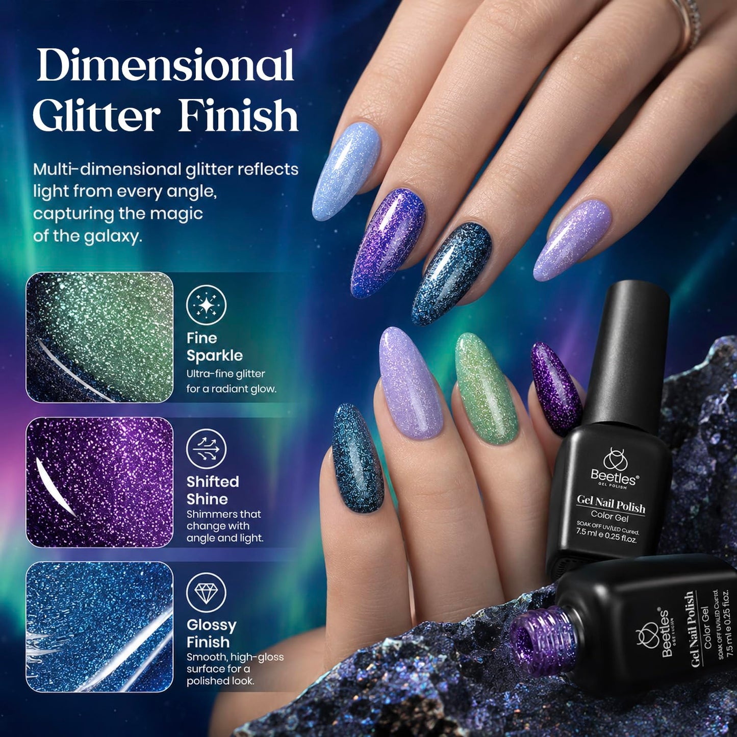 Beetles Glitter Gel Nail Polish Set, Kaleido Galaxy 6 Colors Chameleon Shimmer Gel Polish, Blue Green Purple Sparkle Soak Off UV LED Gel Polish for DIY Nail Art Manicure