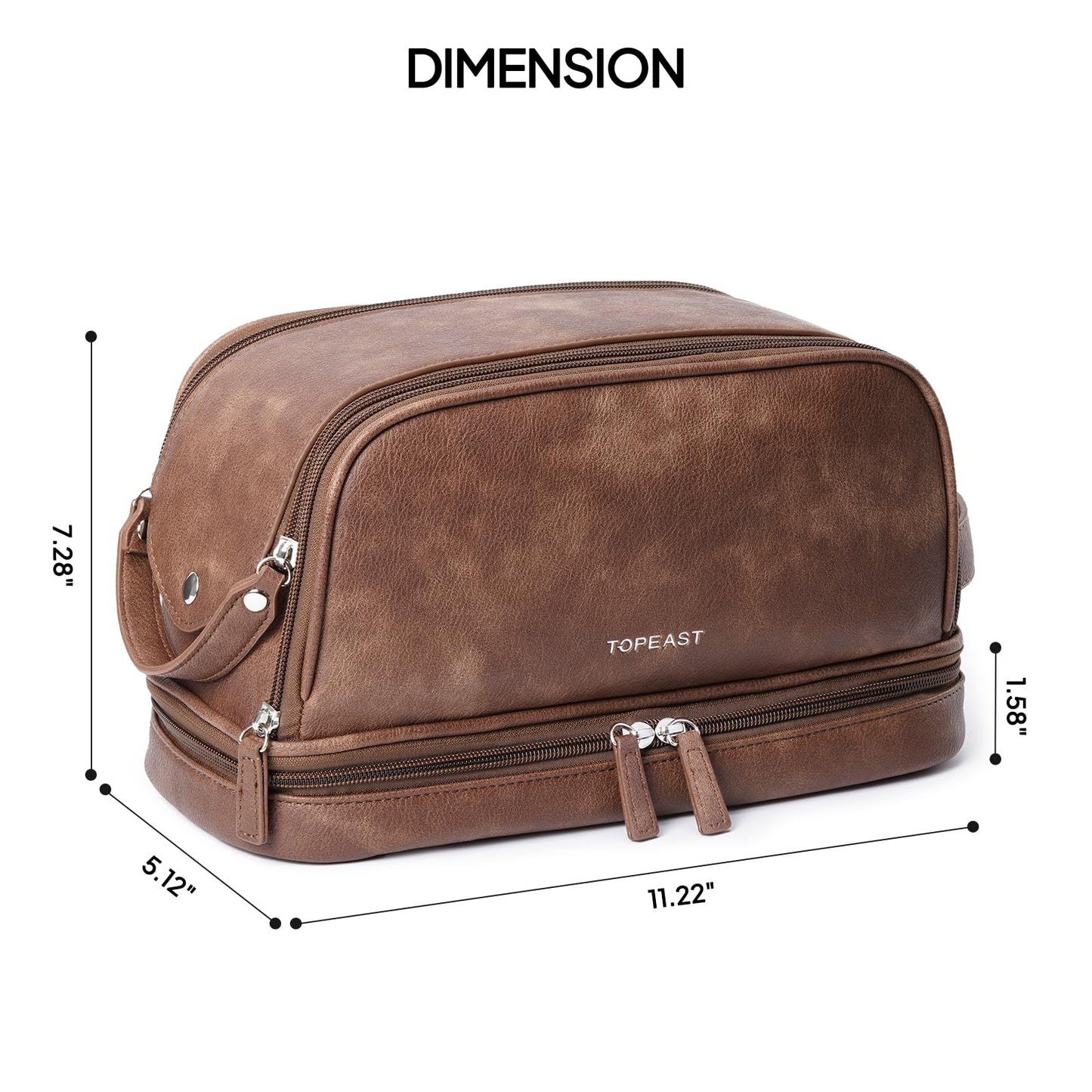 TOPEAST Toiletry Bag for Men, Large PU Leather Dopp Kit with Waterproof Wet Pocket, Double Layer Travel Toiletry Organizer with Brush Compartment, Shaving Bag with Handle, Brown