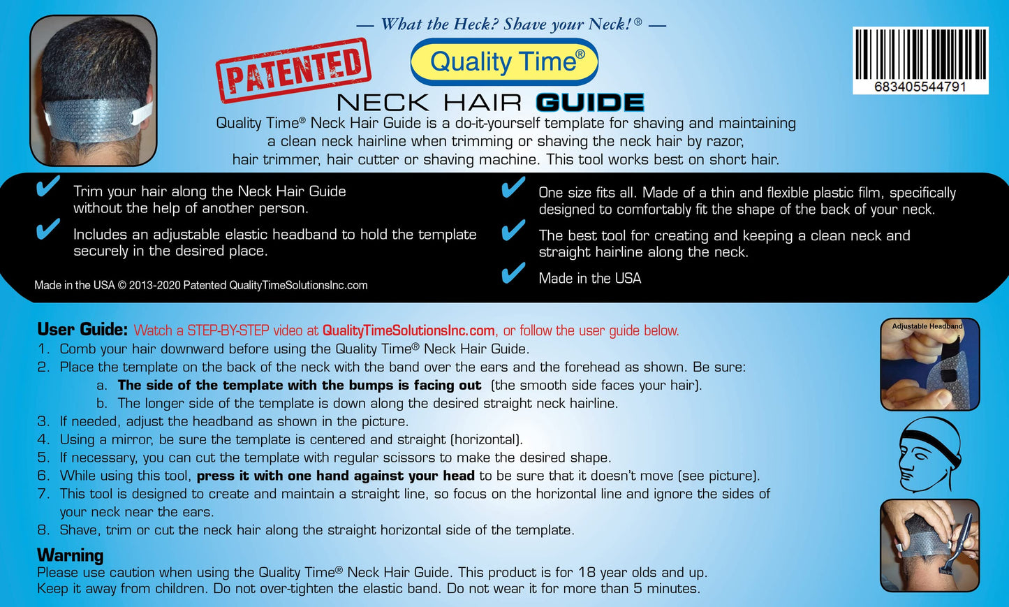 Quality Time Neck Hair Guide - A Neckline Template for Shaving and Keeping a Clean and Straight Neck Hairline: A Stencil for Neckline Haircuts, Do-it-yourself, Made in USA
