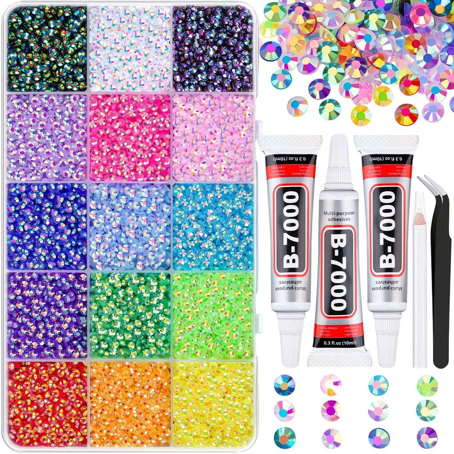 40-Color Resin Jelly Rhinestones Kit - Flatback Gems for DIY Crafts, Nail Art & Clothing | Includes 3 Glue Tubes & Tools, 18000 Pcs