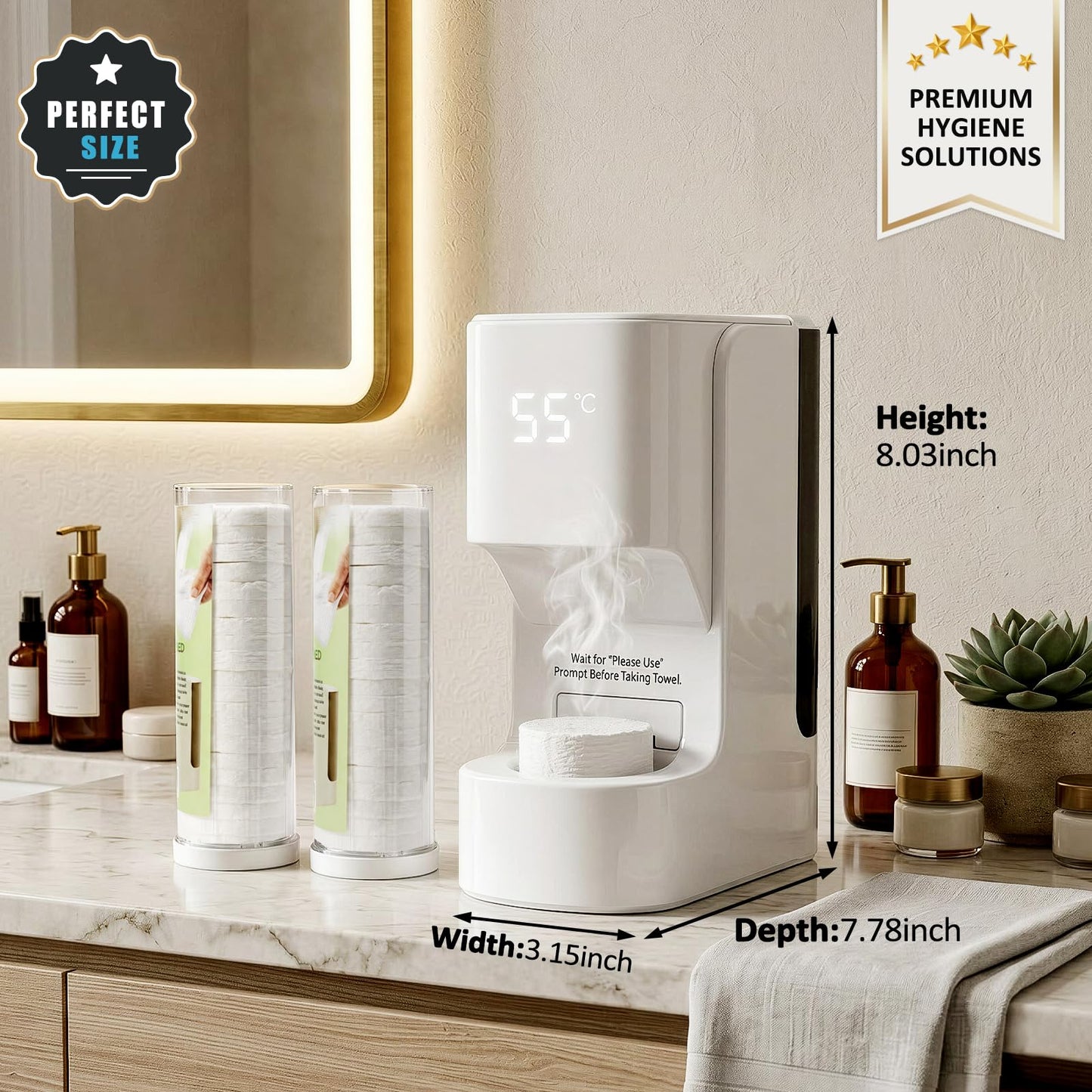 Hot Towel Warmer for Face, 5s Fast Heating Towel Dispenser with 55°C/131°F Display, Auto Moistening, One-Touch Release & Voice Alerts, 20 Compressed Towels for Skincare, Shaving Prep, White