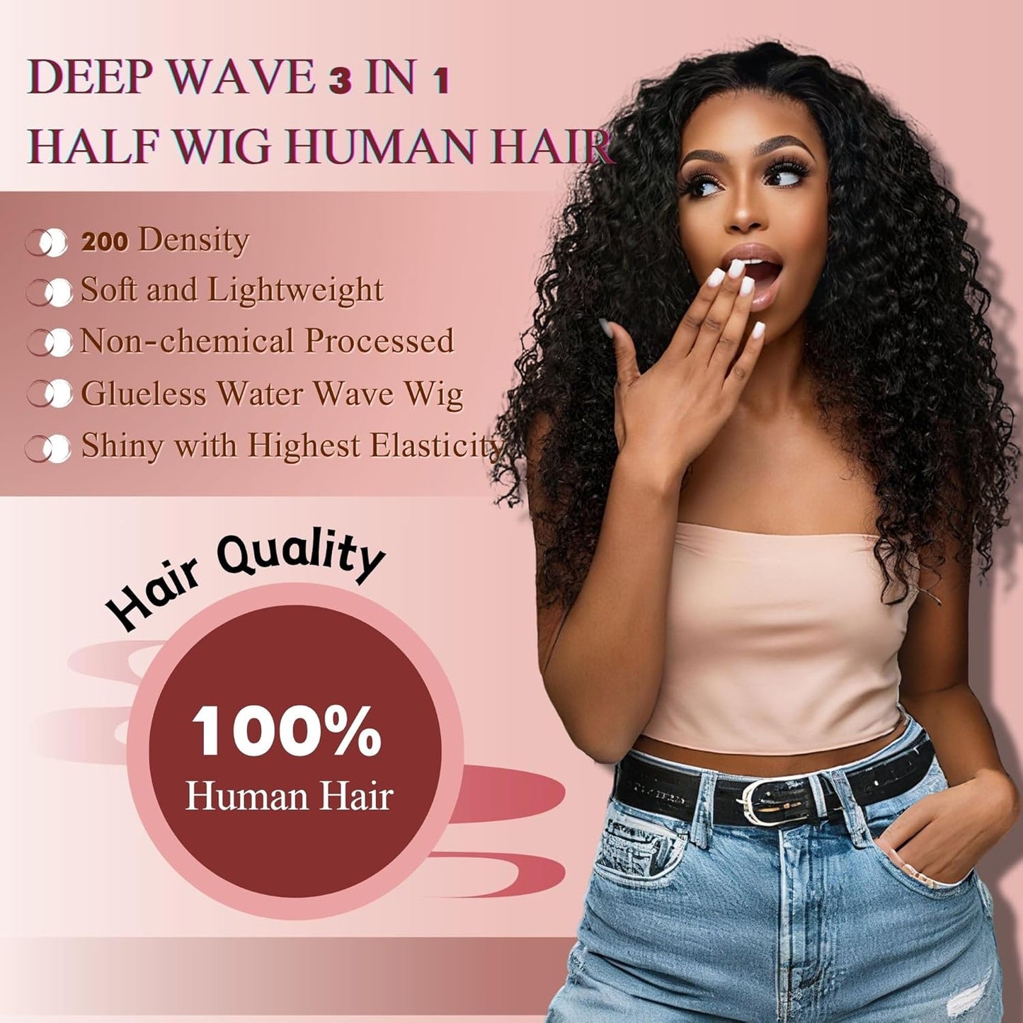 Deep Wave Half Wig - 24-Inch Human Hair Curly Wig for Black Women | 200% Density, Glueless, Beginner-Friendly
