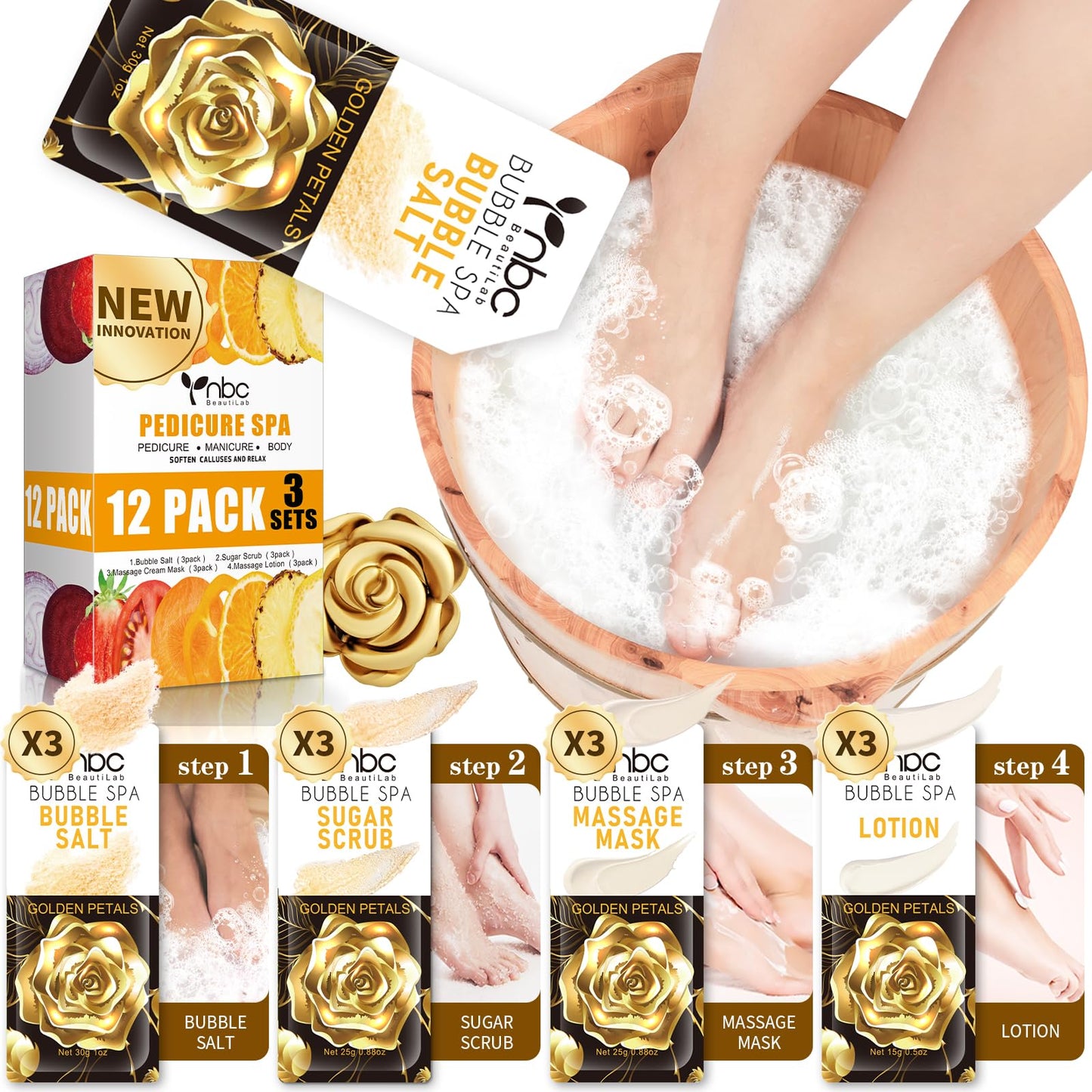 nbc BeautiLab Pedicure Kit Foot Soak Set: Bubble Salt, Sugar Scrub, Massage Mask, Massage Lotion in a Box, 4 Step Foot Spa Kit for Dry Feet,Tired Feet（3 Set Golden petals)