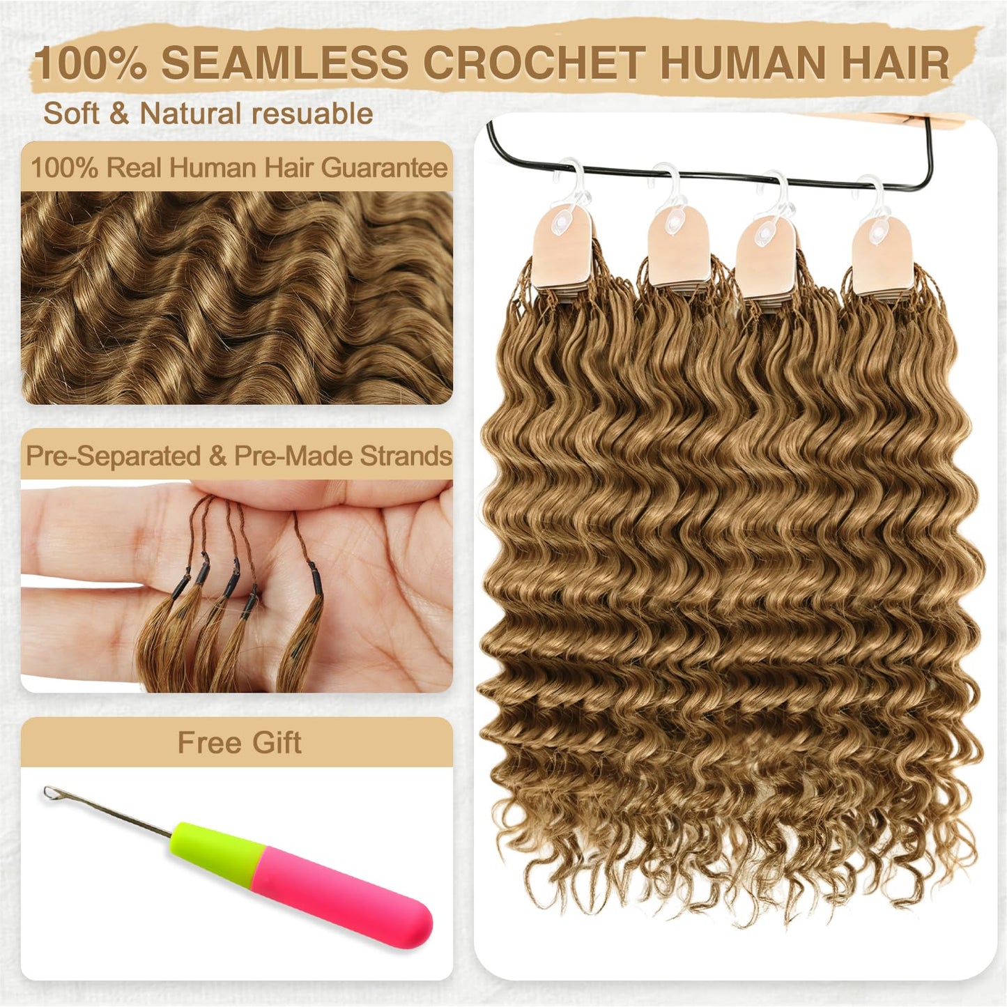 Human Crochet Hair for Black Women 20inch 60g Pre Separated 50 Strands Deep Wave Feather Crochet Human Hair Easy Install Hook Design,27# Invisible Miracle Knots Honey Blonde Boho Crochet Hair