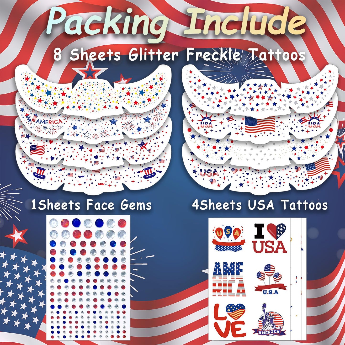 4th of July Tattoos, Red White Blue Face Glitter Freckles+Face Gems Hair Rhinestone+American Flag USA Temporary Tattoos for Patriotic, Independence Day Fourth of July Memorial Day Labor Day