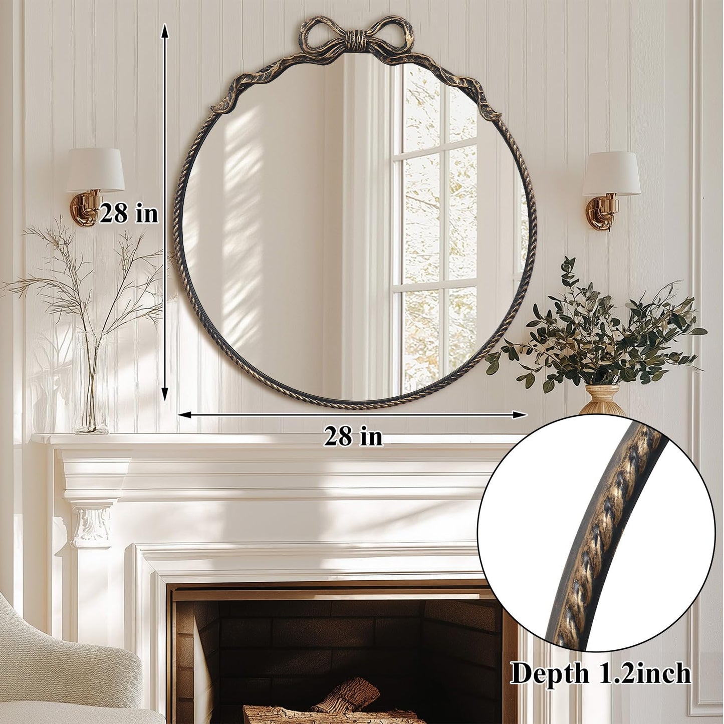 YIDIE Black Bow Metal Round Mirror -28inch Elegant Wall-Mounted Vanity Decorative Mirror for Bedroom, Bathroom, Living Room