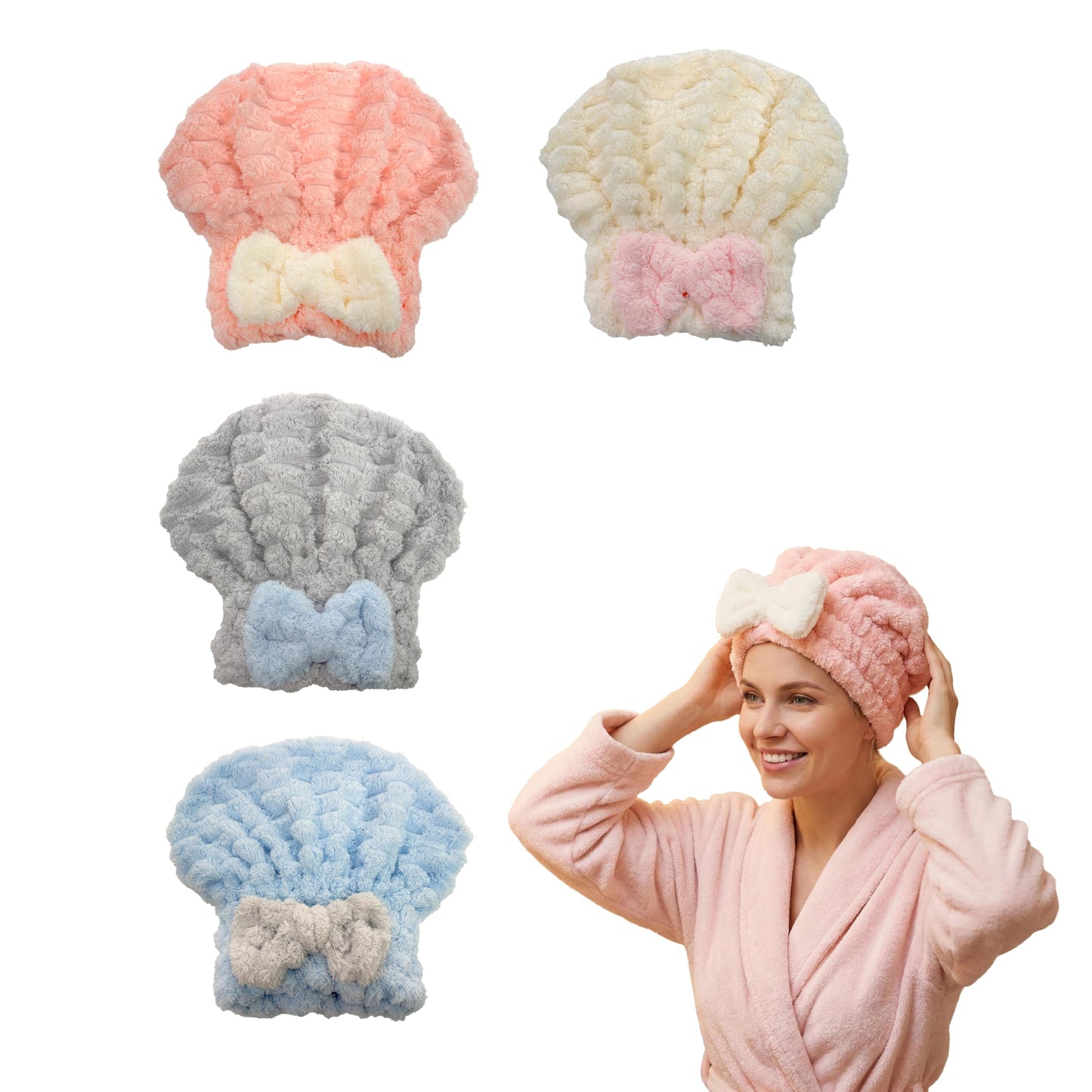 AZSRKRBM 4-Pack Microfiber Hair Towel Cap for Short/Medium Hair, No Twist, No Tug, Soft Absorbent Drying Hat with Bow for Women - Great for Skincare, Makeup, Shower