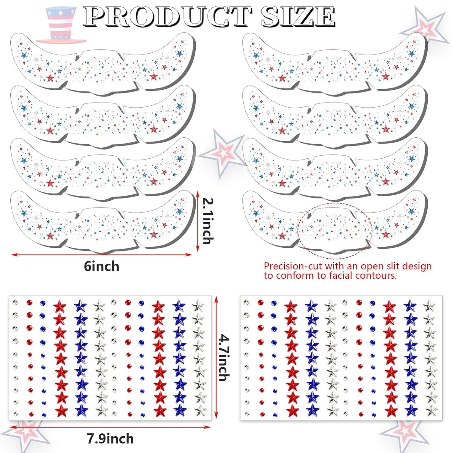 Patriotic 4th of July Face Gems - 10 Pcs Red, White & Blue Glitter Freckles for Women & Kids | USA Face Stickers