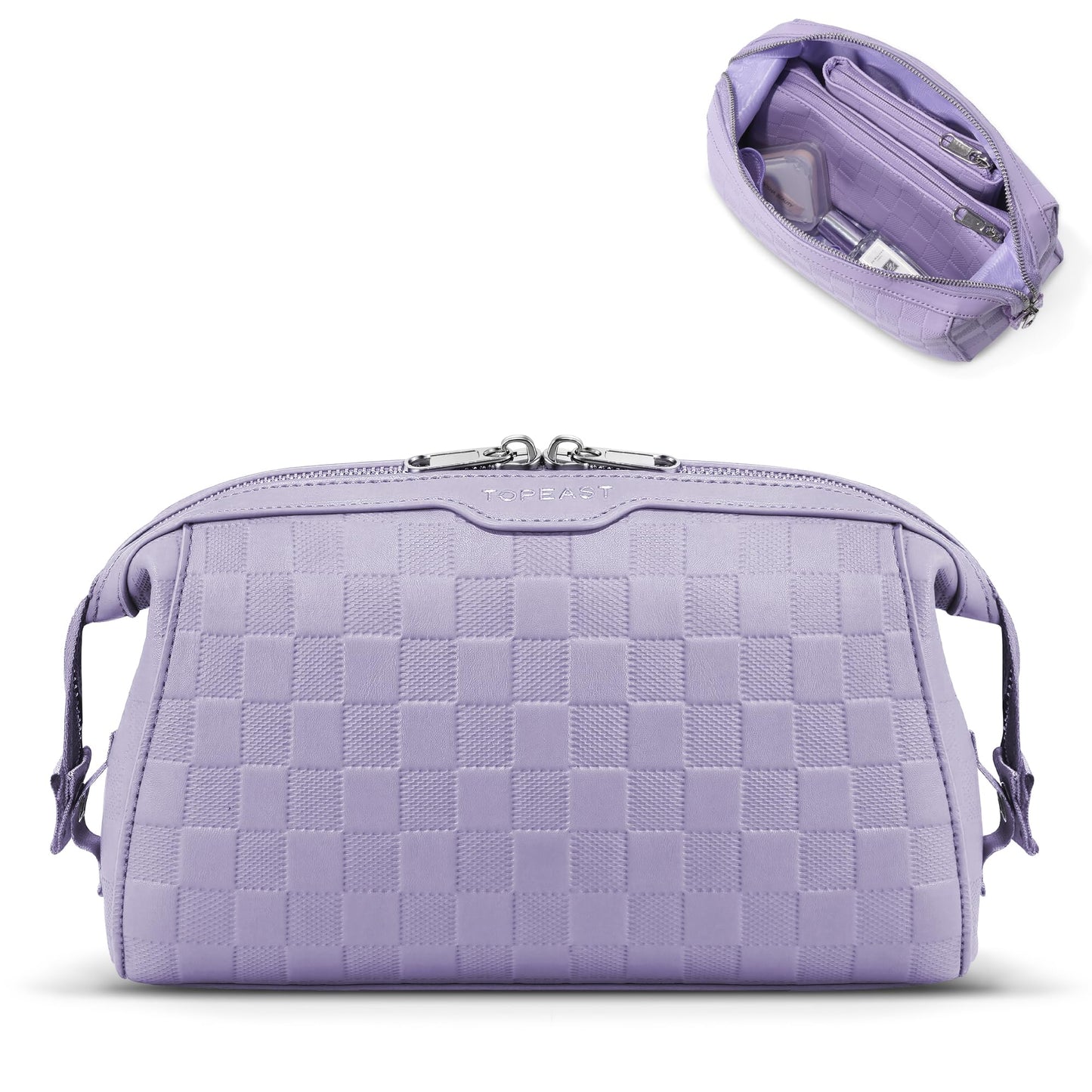 TOPEAST Travel Makeup Bag Cosmetic Bags for Women, 3 Pcs Set Make Up Toiletry Bag with Removable Zip Pouch, Waterproof Leather Makeup Brush Organizer for Travel Essentials, Purple