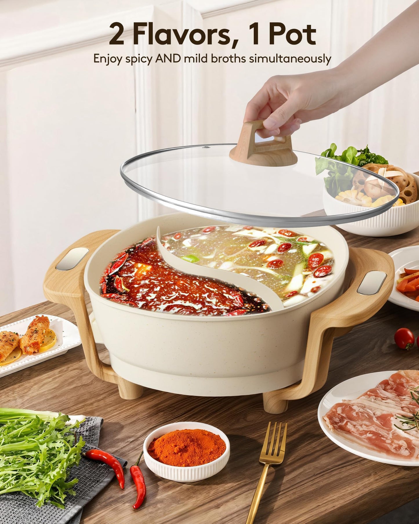 Electric Hot Pot with Divider, Large 6.1L Nonstick Dual-Sided Shabu Shabu Pot Dual-Flavor hotpot electric 1600W with Adjustable 5-Temperature Control