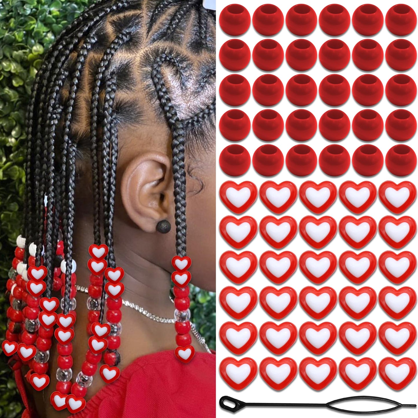 NAISKA 60PCS Valentine's Day Heart Hair Beads for Braids Red Pony Bead Loc Dreadlock Beads Kids Girls Acrylic Loc Jewelry Valentine's Day Hair Accessories