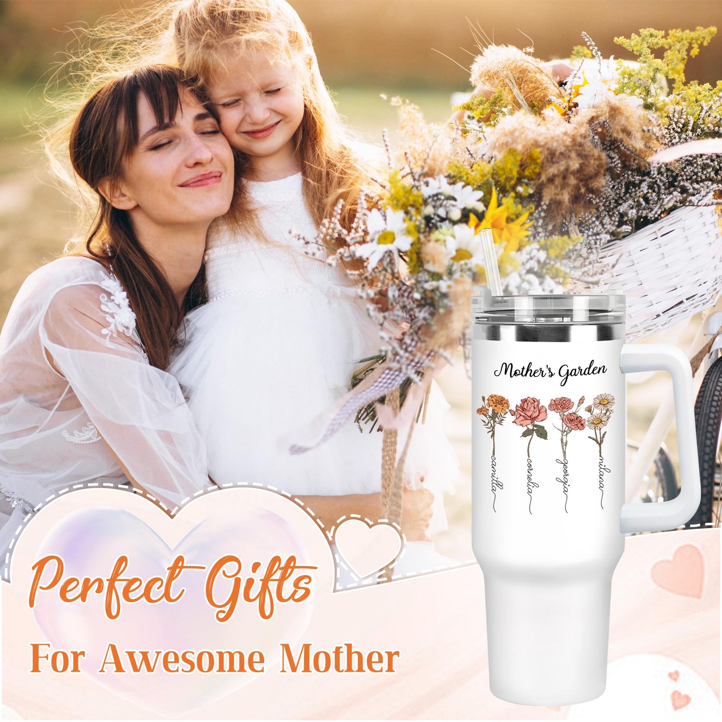 Personalized Mothers Garden Tumbler With Names, 40 Oz Travel Coffee Tumbler