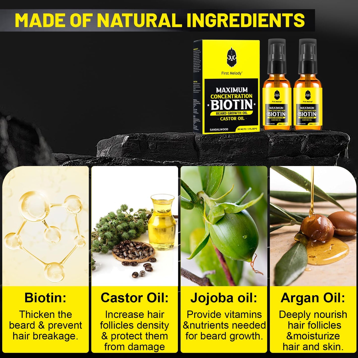 First Melody Beard Oil,Maximun Thickening Biotin, with Castor Oil and Argan & Jojoba Oils, Promotes Beard Growth, Styles, Strengthens & Softens Beards & Mustaches,1 Ounce*2（2 Pack）