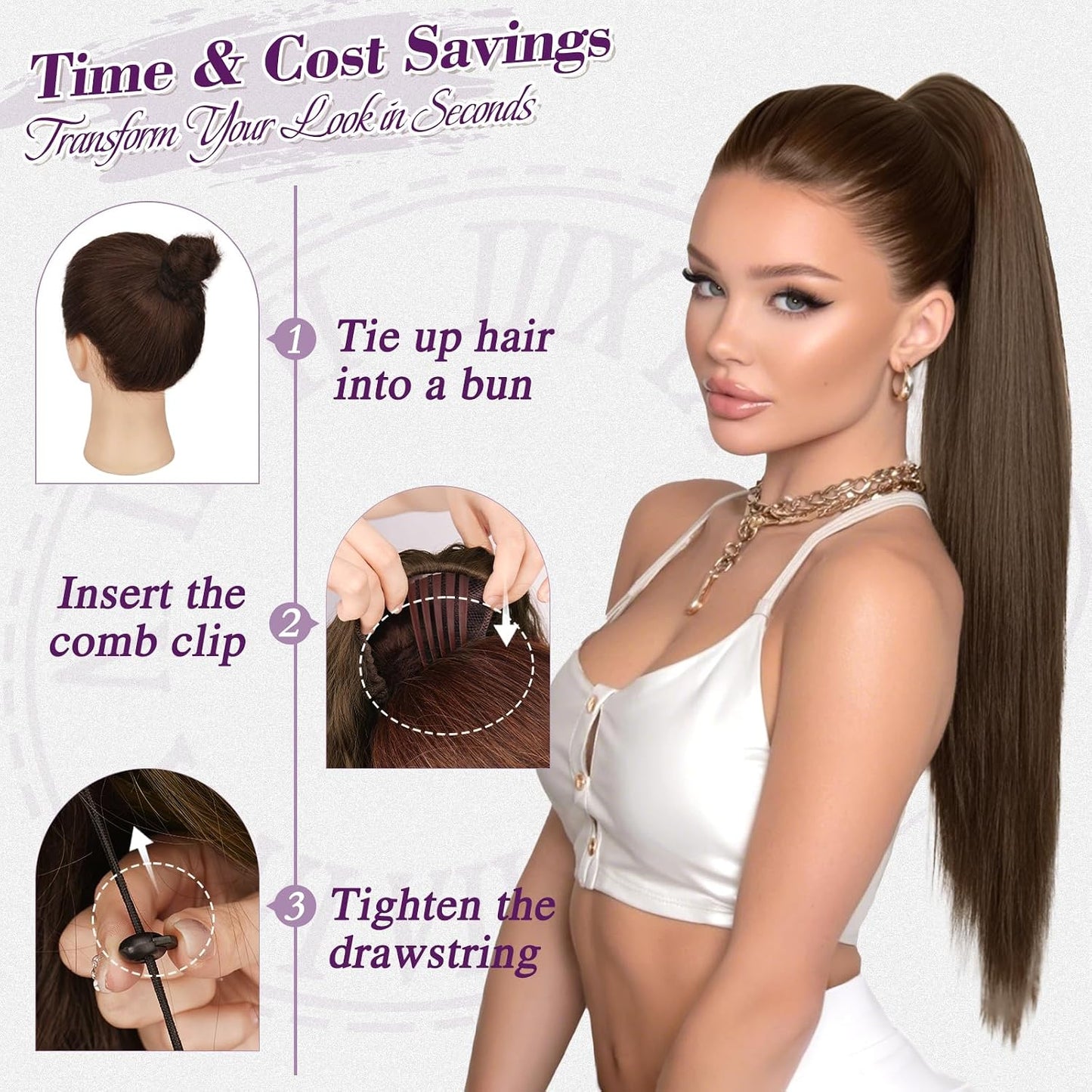 Brown Straight Drawstring Ponytail Extension - 28 Inch Natural-Looking Soft Synthetic Hairpiece | Fluffy & Stylish for Daily Wear