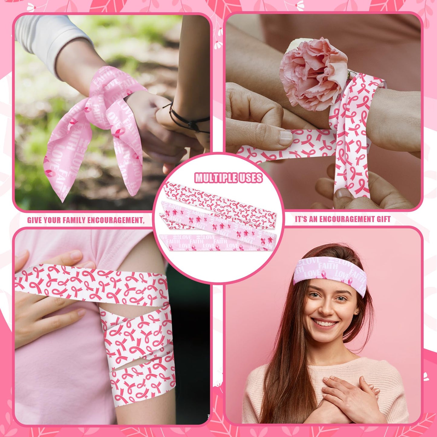 ABTOLS 2PCS Breast Cancer Awareness Tie Sweatband Headband for Men Women, Pink Awareness Athletic Hairband Tie Up Sweatband for Breast Cancer Fundraising Events Support