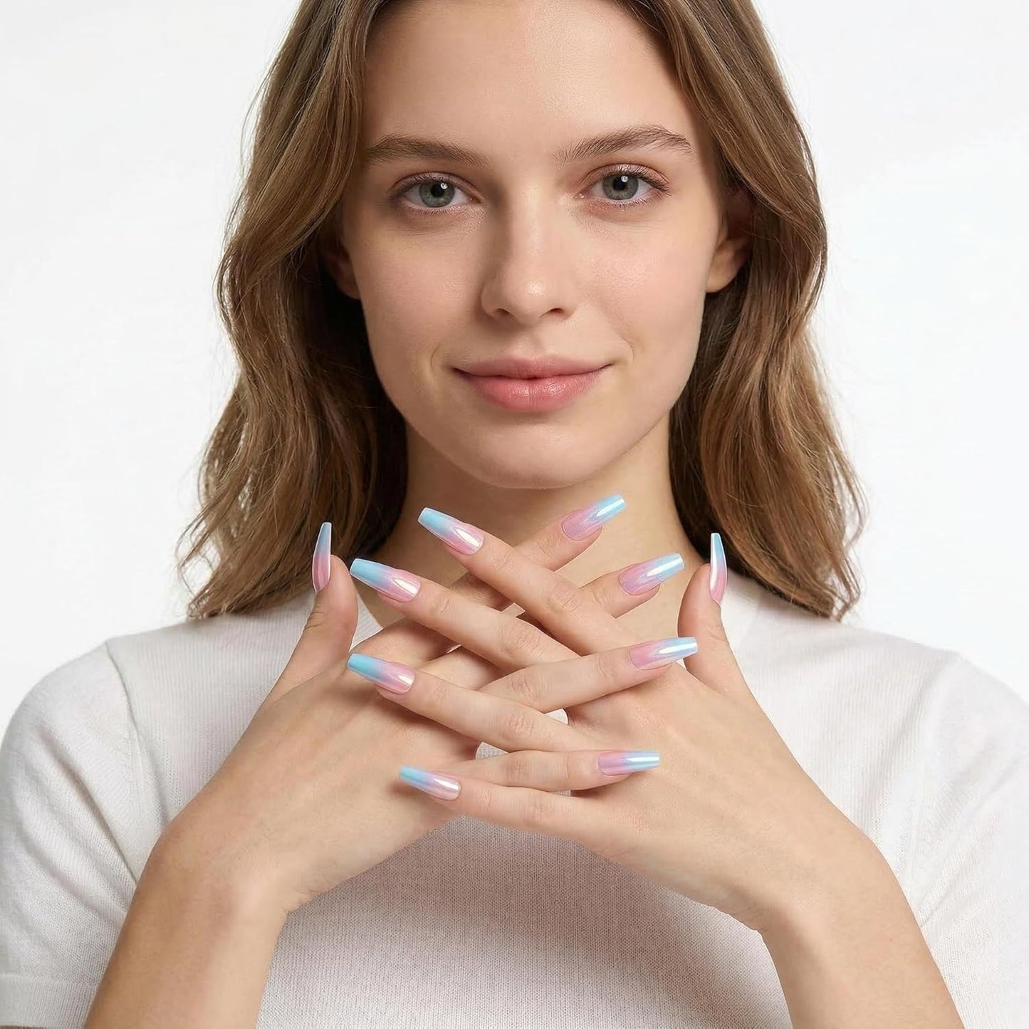 Press On Nails - Pink Blue Gradient Long Coffin Glossy Acrylic | 24 Pcs Reusable Full Cover for Summer Beach Wear