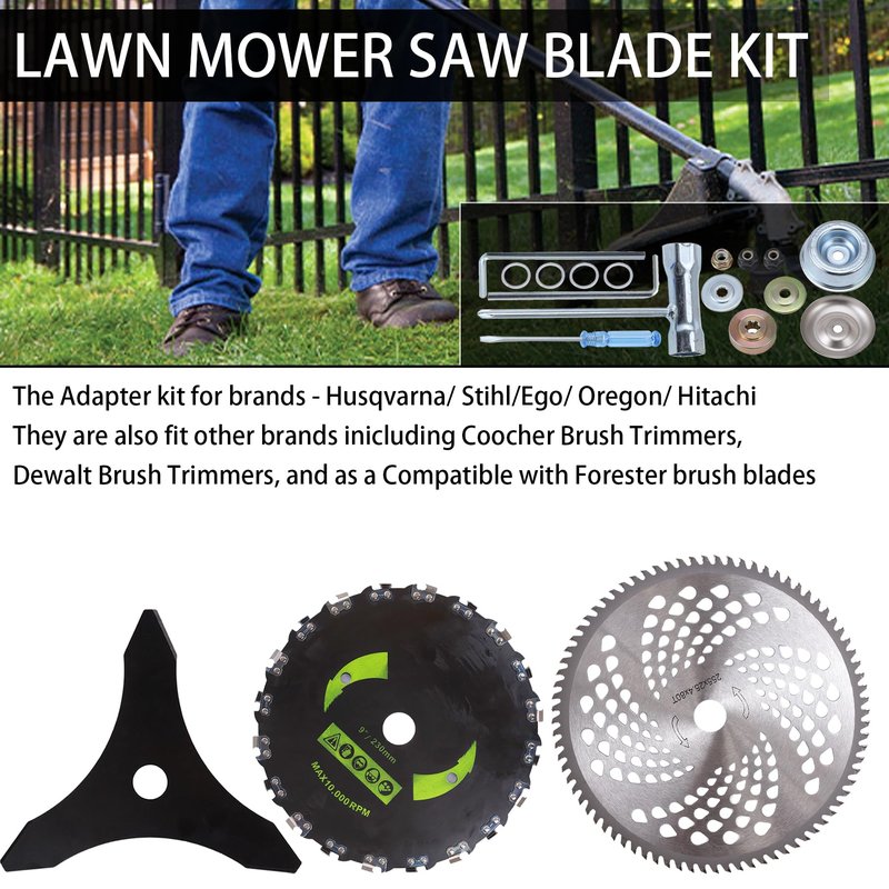 9"x20T Brush Blades Carbon Steel Round Chainsaw,10" x 80T Carbide Tip Brush Blades,10" x 3 Teeth Carbon Steel Brush Cutter Blades with Universal Adapter Kit Compatible with Cutter, Trimmer, Weed Eater