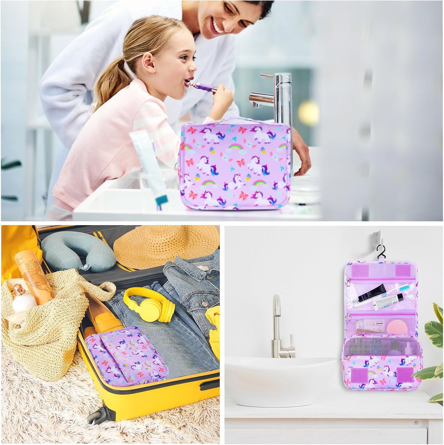 Kids Hanging Toiletry Bag - Waterproof Travel Makeup Organizer for Girls | Unicorn Purple