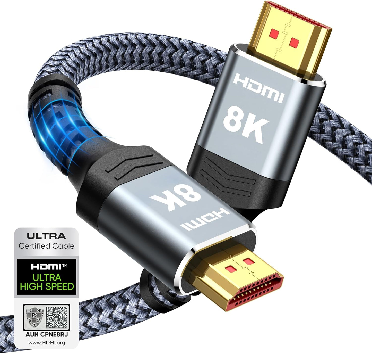 8K HDMI Cable - Ultra High Speed 2.1 Braided Cord, 48Gbps, 6.6FT | 4K@120Hz, 8K@60Hz, HDR 10 Compatible