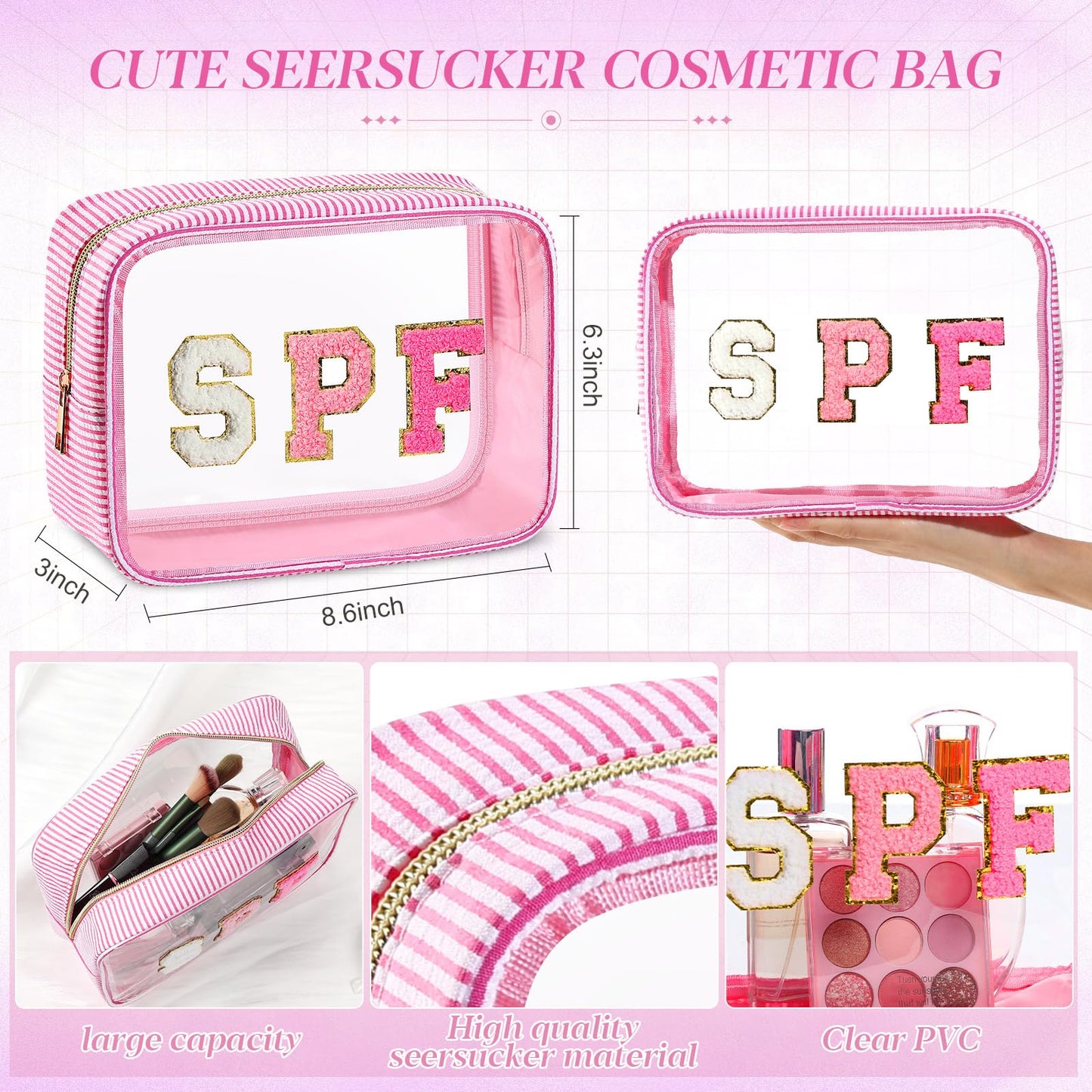 Sanwuta Seersucker SPF Bag Chenille Letter Clear Makeup Bag Preppy Travel Toiletry Pouch Large Striped Storage Organizer for Women Suncare Cosmetic Case(Rose Red)