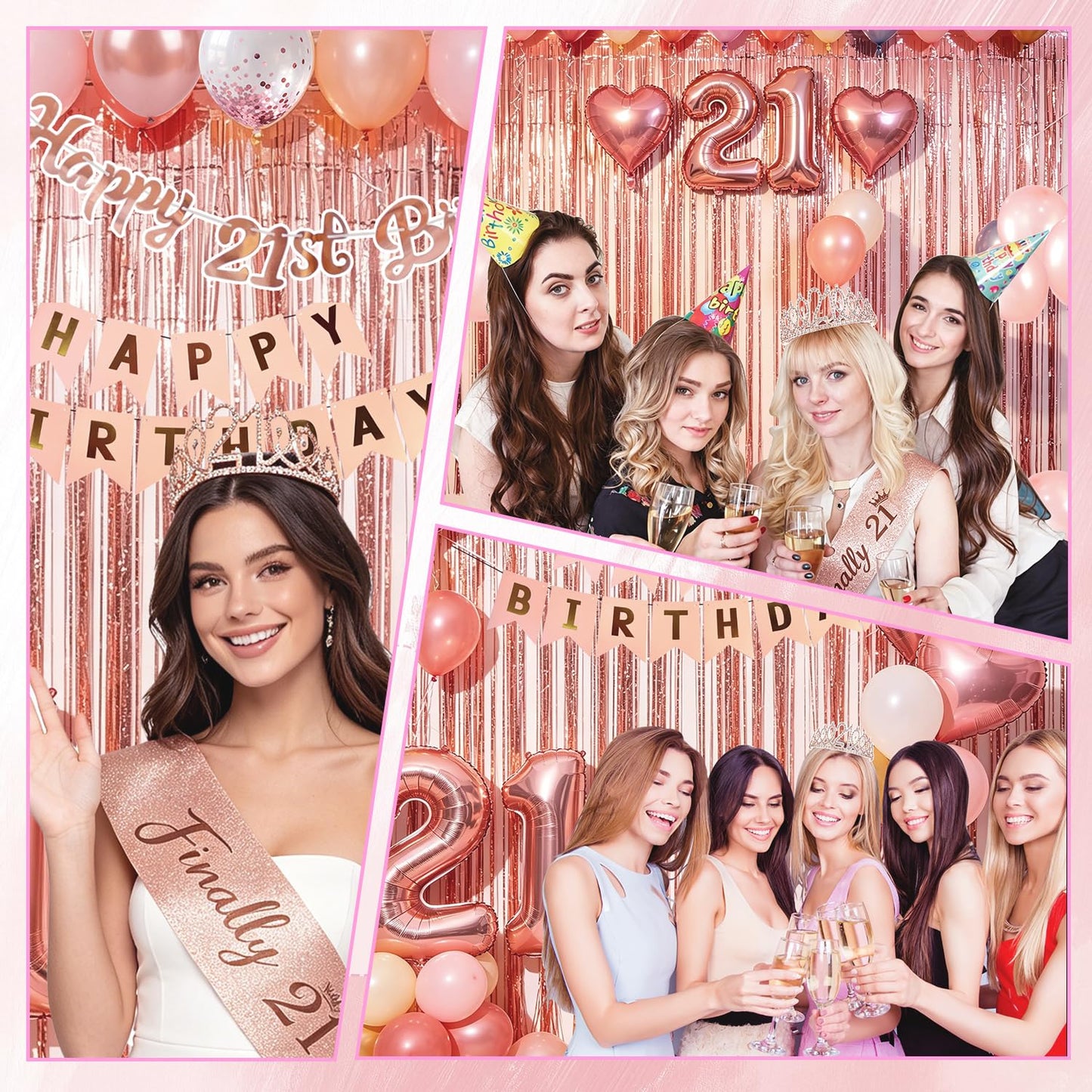 YGSEPCC 21 Birthday Decorations for Her, Rose Gold 21st Birthday Party Supplies 36Pcs, Birthday Sash Crown Tassel Curtains Foil Number Balloons Banner Cake Topper, 21 Young Lady Birthday Decorations