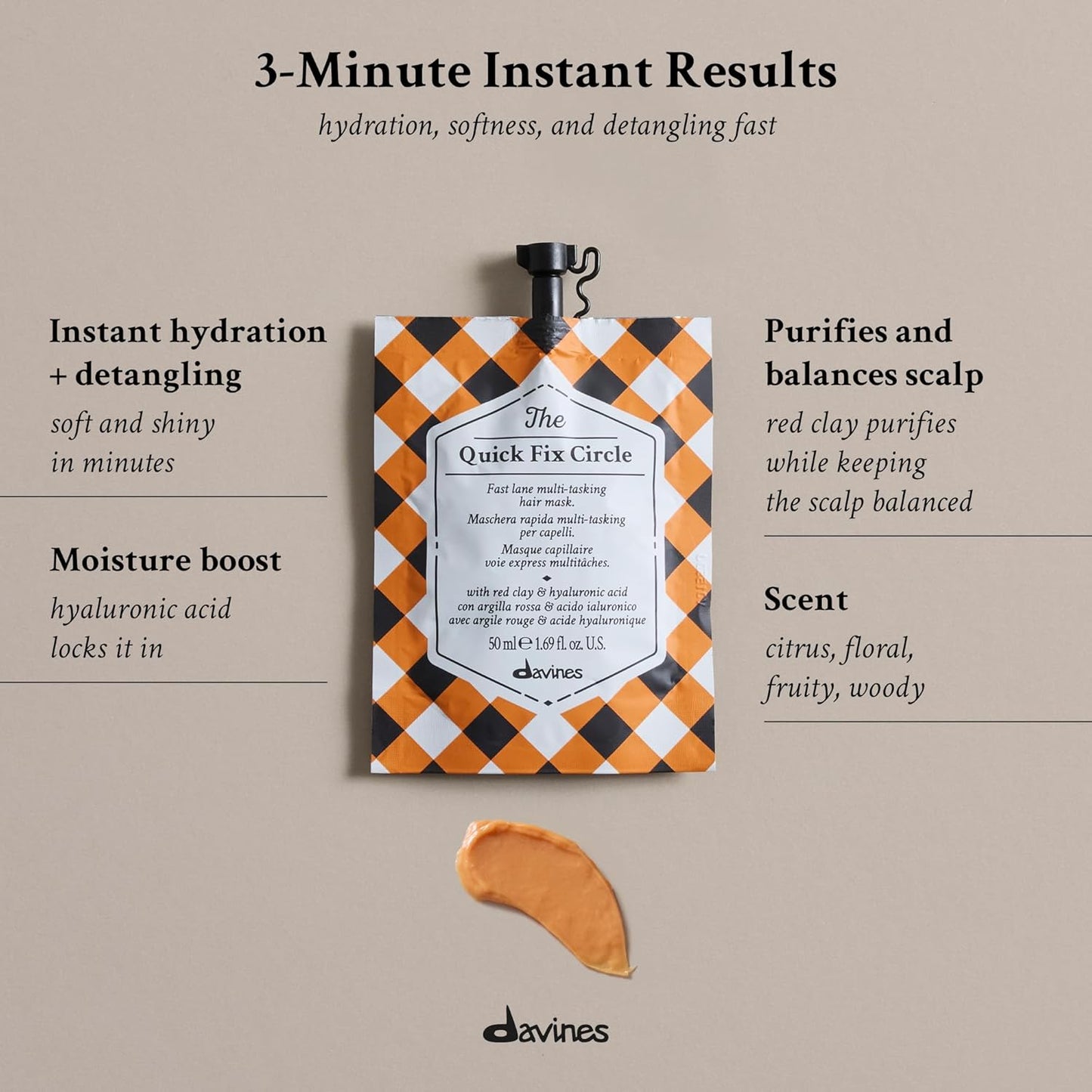 Davines Quick Fix Circle Hair Mask - Fast-Acting Hydrating Treatment with Red Clay & Hyaluronic Acid | 1.69 Fl Oz
