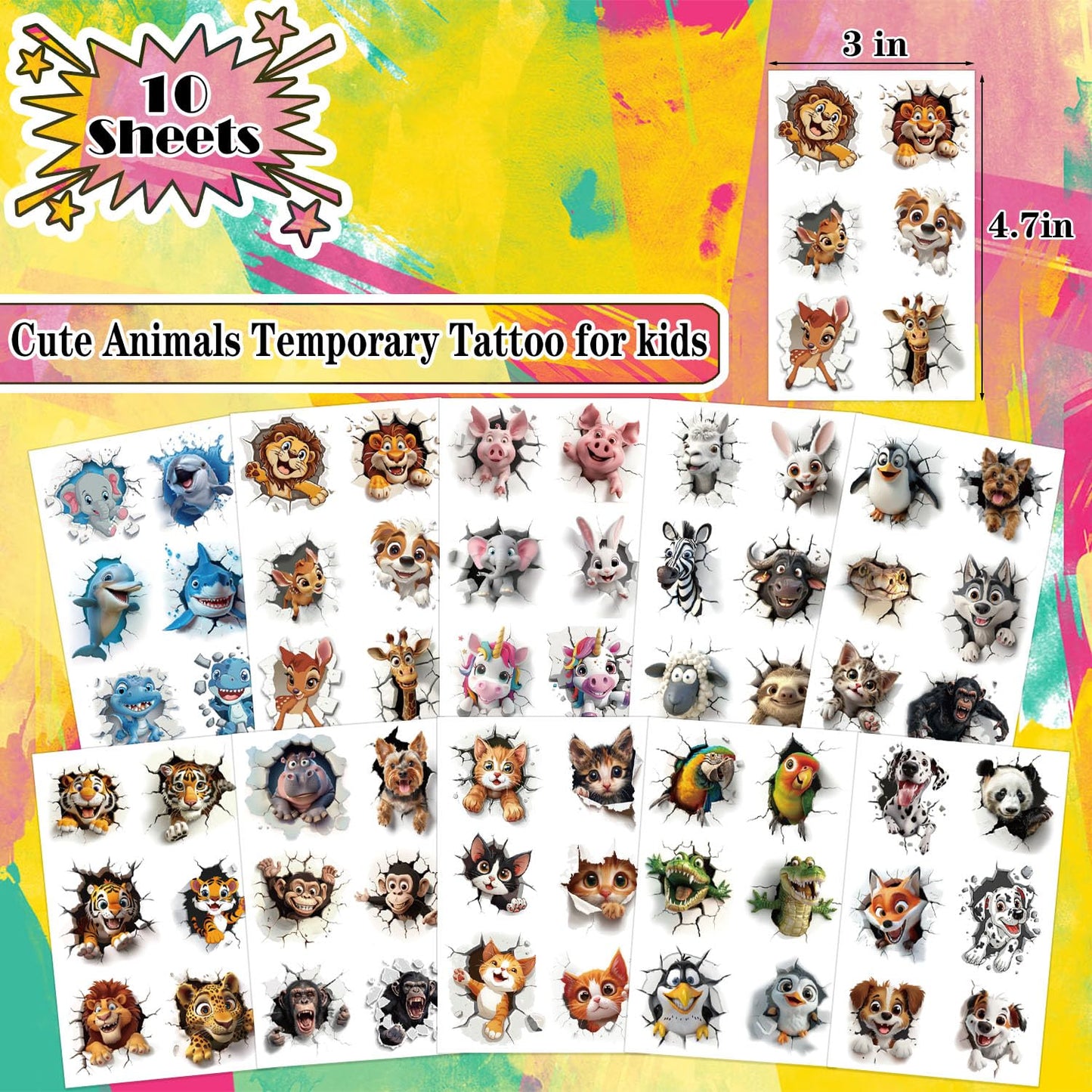 UVUXO Animals Temporary Tattoo for kids - 10 Sheets for Temporary Girls Boy Body Arm Shoulder Cute Animals Tattoos Stickers, Birthday Party Supplies Gifts for Kids