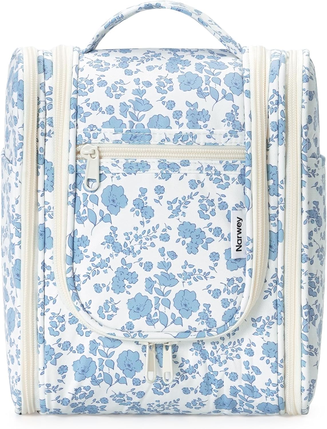 Hanging Toiletry Bag for Women | Travel Makeup Organizer - Large Blue Leaf Design