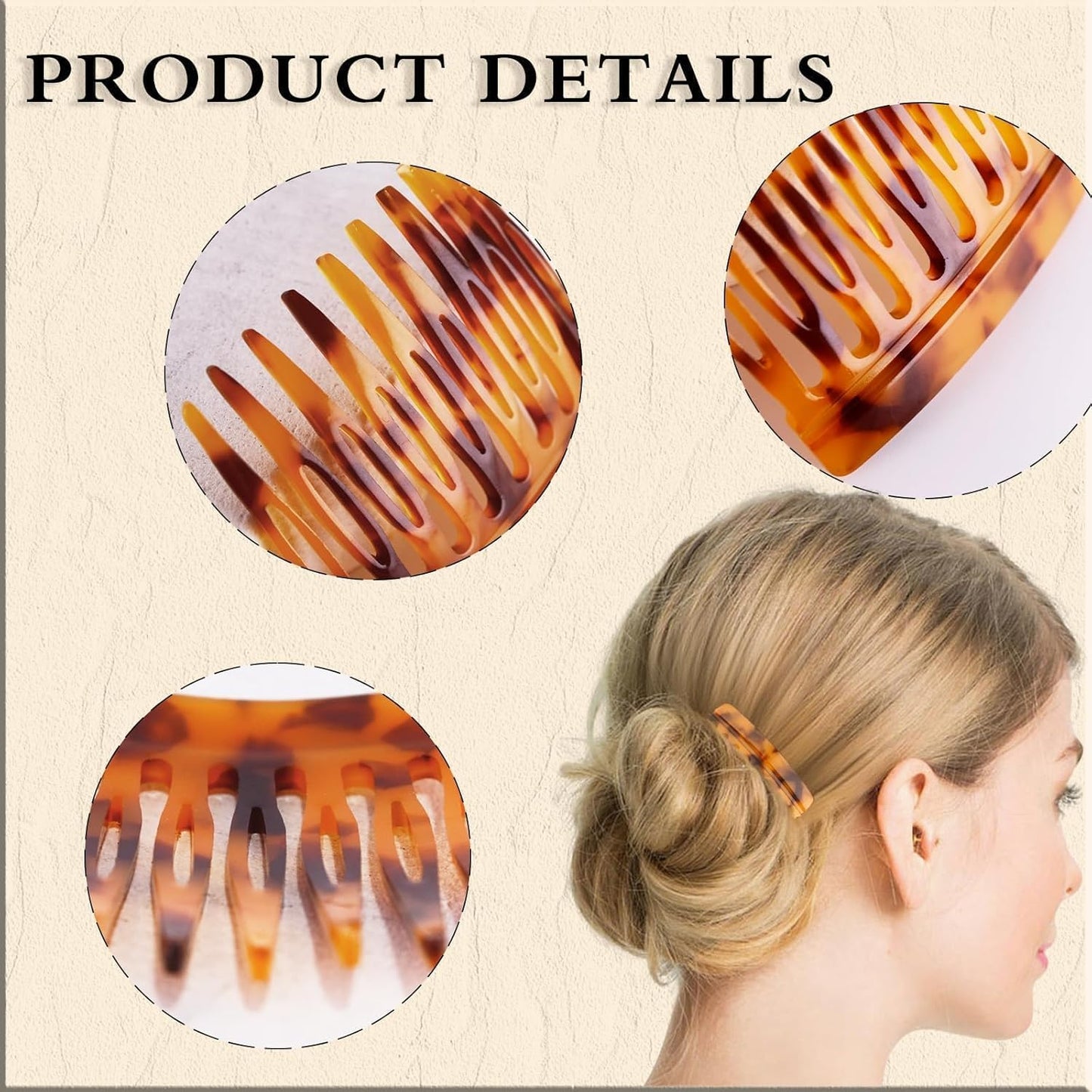 French Hair Comb Clips - 4 PCS Tortoise Shell Side Combs for Up-Do Styling | Brown