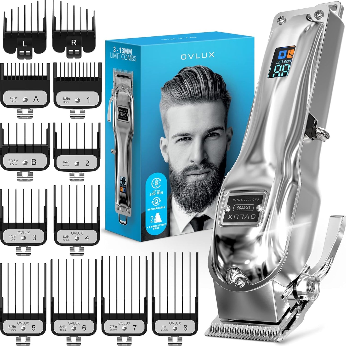 Professional Cordless Hair Clippers for Men - Rechargeable Full Metal Beard Trimmer | Ideal Gift for Dad - Silver