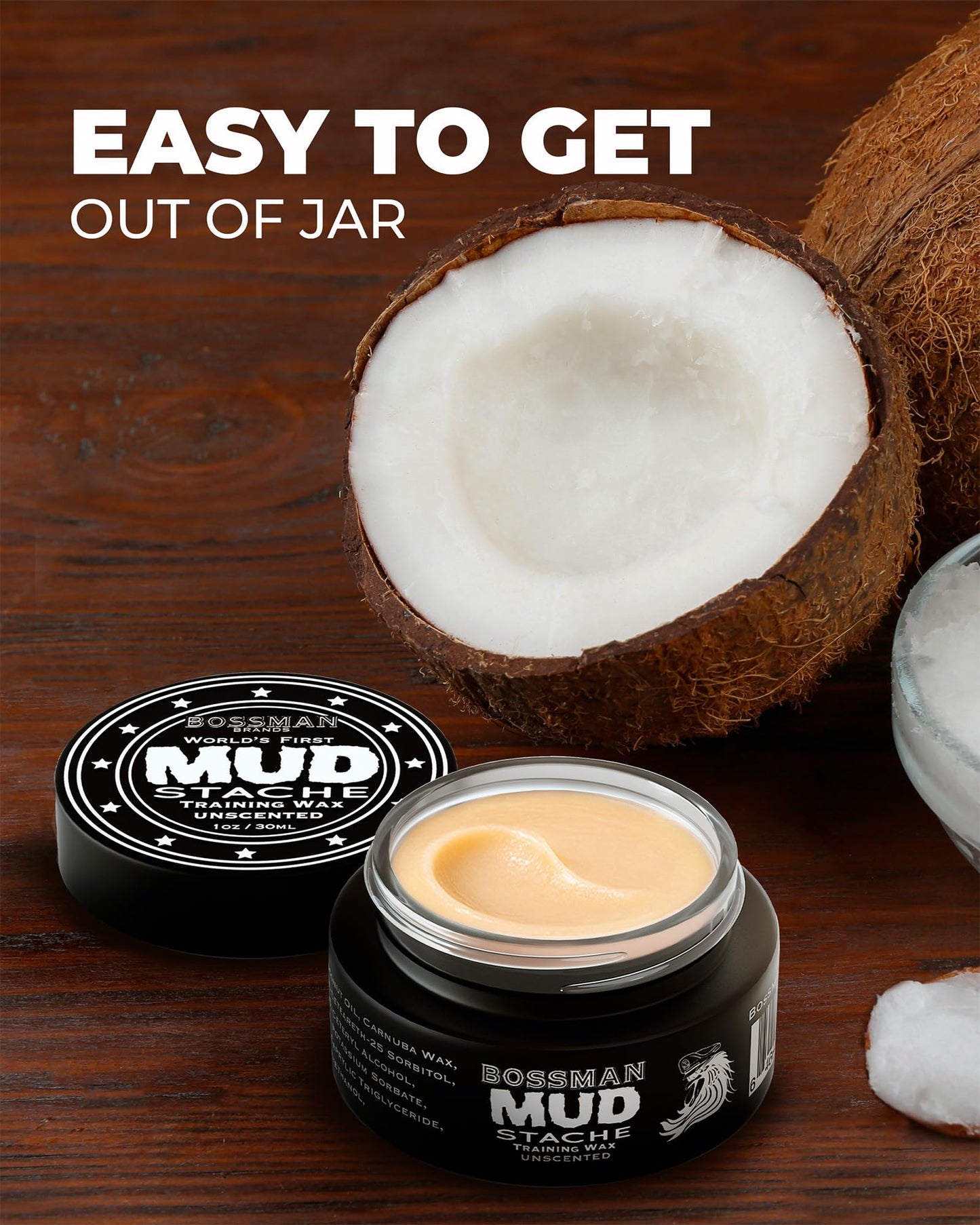 Bossman MUDstache Mustache Wax for Men + Acetate Folding Mustache & Beard Comb – Unscented Styling and Grooming Kit