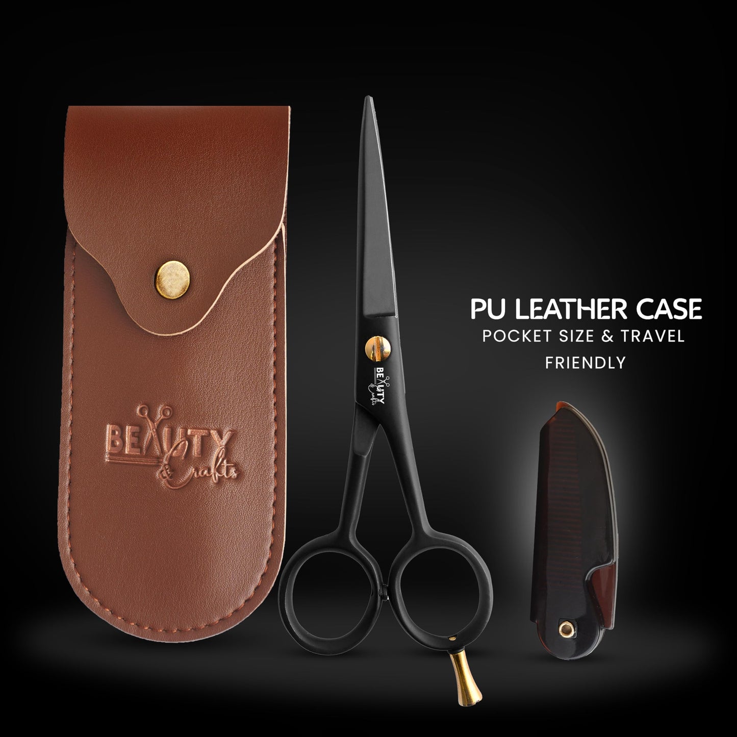 5'' German Beard Mustache Scissor- 2 Mustache Combs for Facial Hair with Beautiful Pouch -Beard Trimming Scissors for Grooming, Cutting, and Styling of Mustache (Black with Folding Comb)