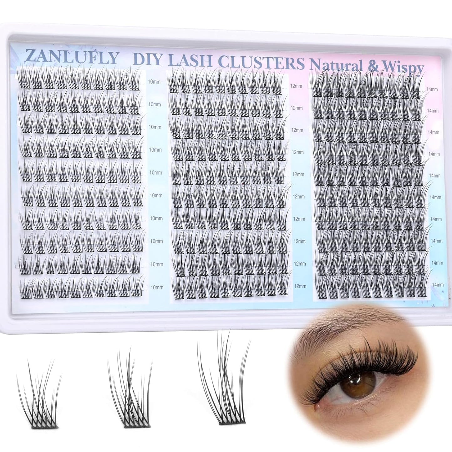 Natural CC-Curly Cluster Lashes - Wispy Eyelash Extensions with Clear Band | 10-14MM Individual DIY Lashes