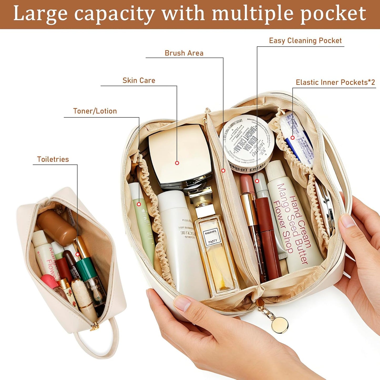 Personalized Initial Makeup Bag - Stylish PU Leather Travel Toiletry Bag | Multi-Pocket Design in Beige