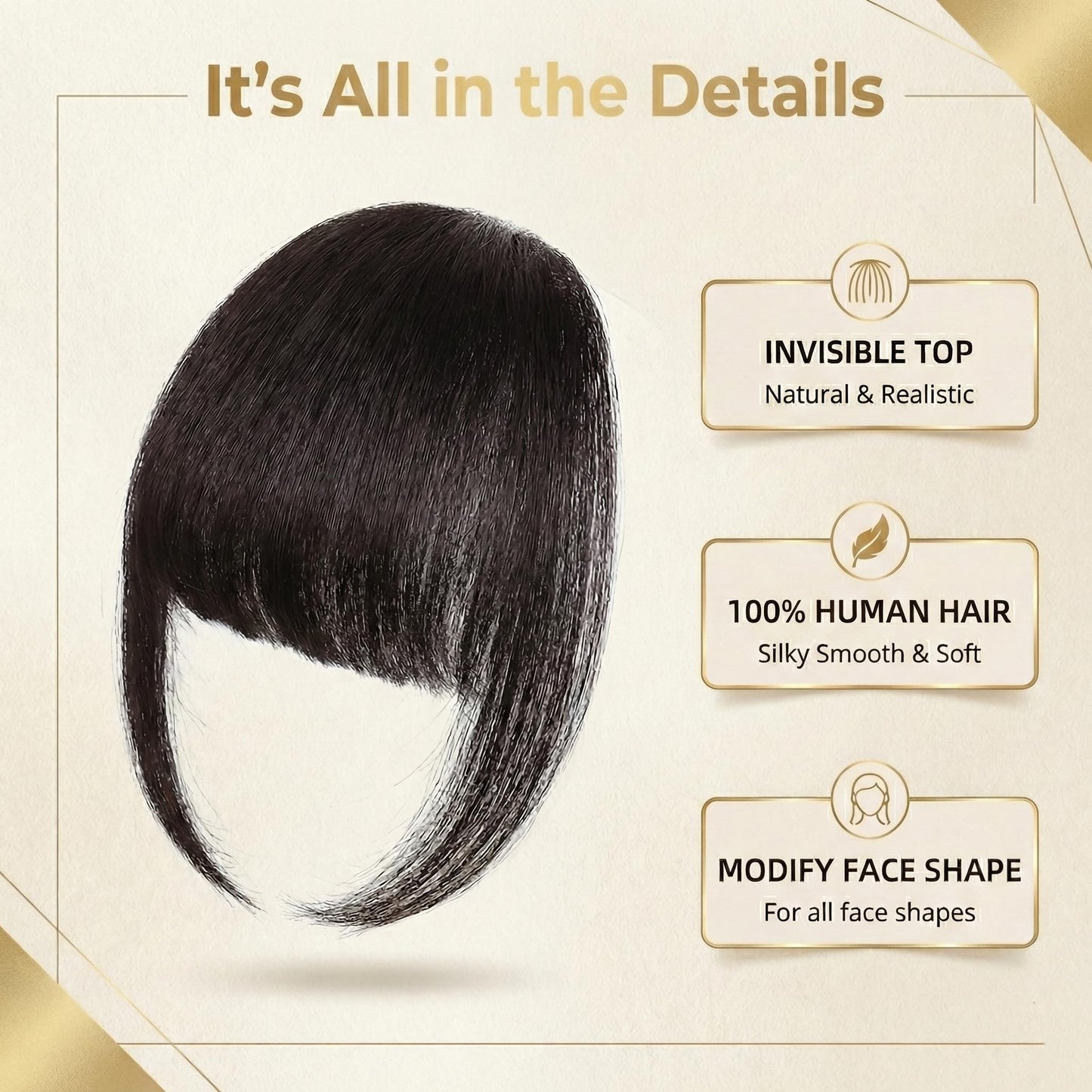 Ever Beauz Natural Wispy Bangs Hair Clip, 100% Remy Human Wig, Soft Feathered Fringe with Temples for Instant Face-Framing, Easy Snap-On Hairpiece (Brown Black)
