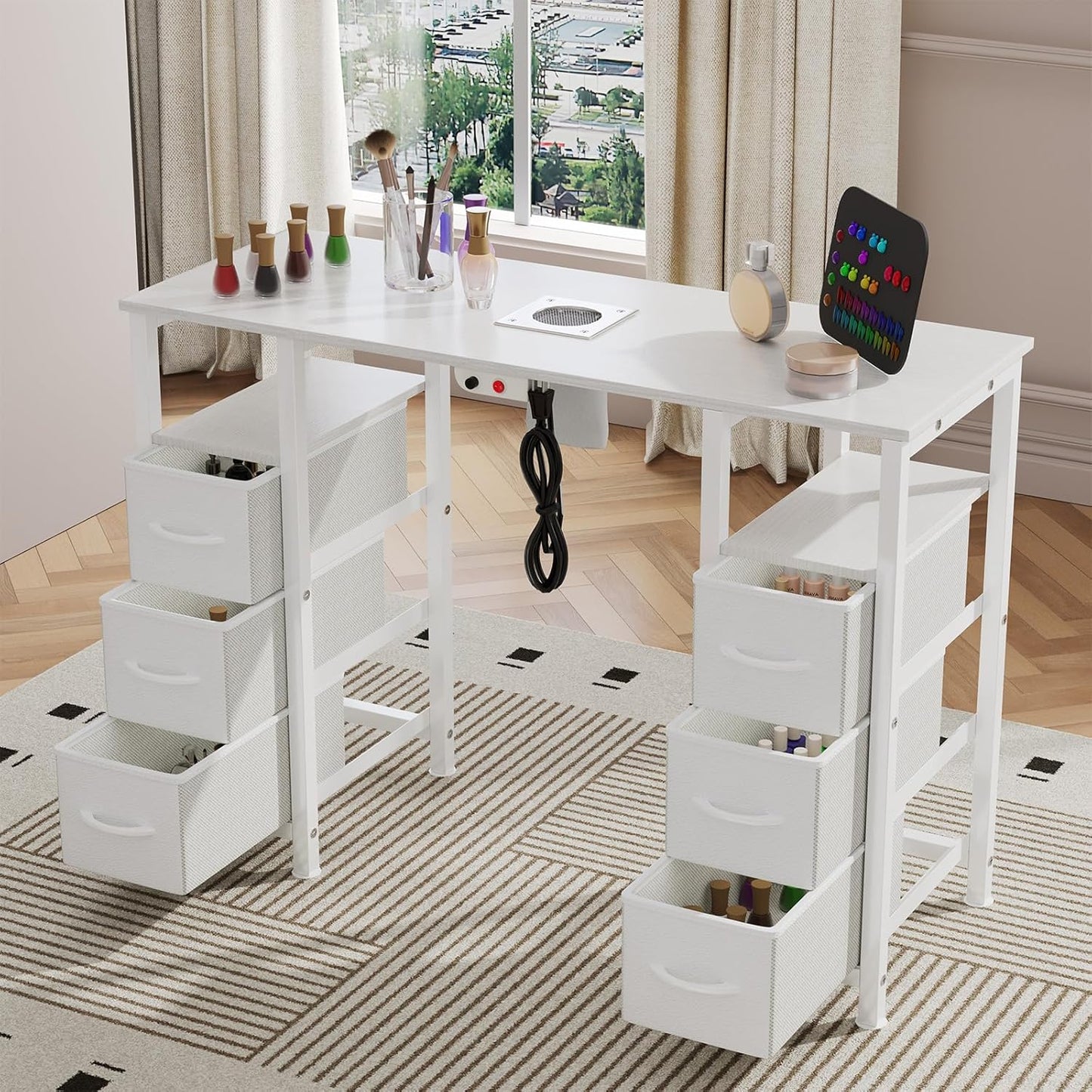 Manicure Table - Nail Tech Desk with Electric Dust Collector & 6 Storage Drawers | White Beauty Workstation