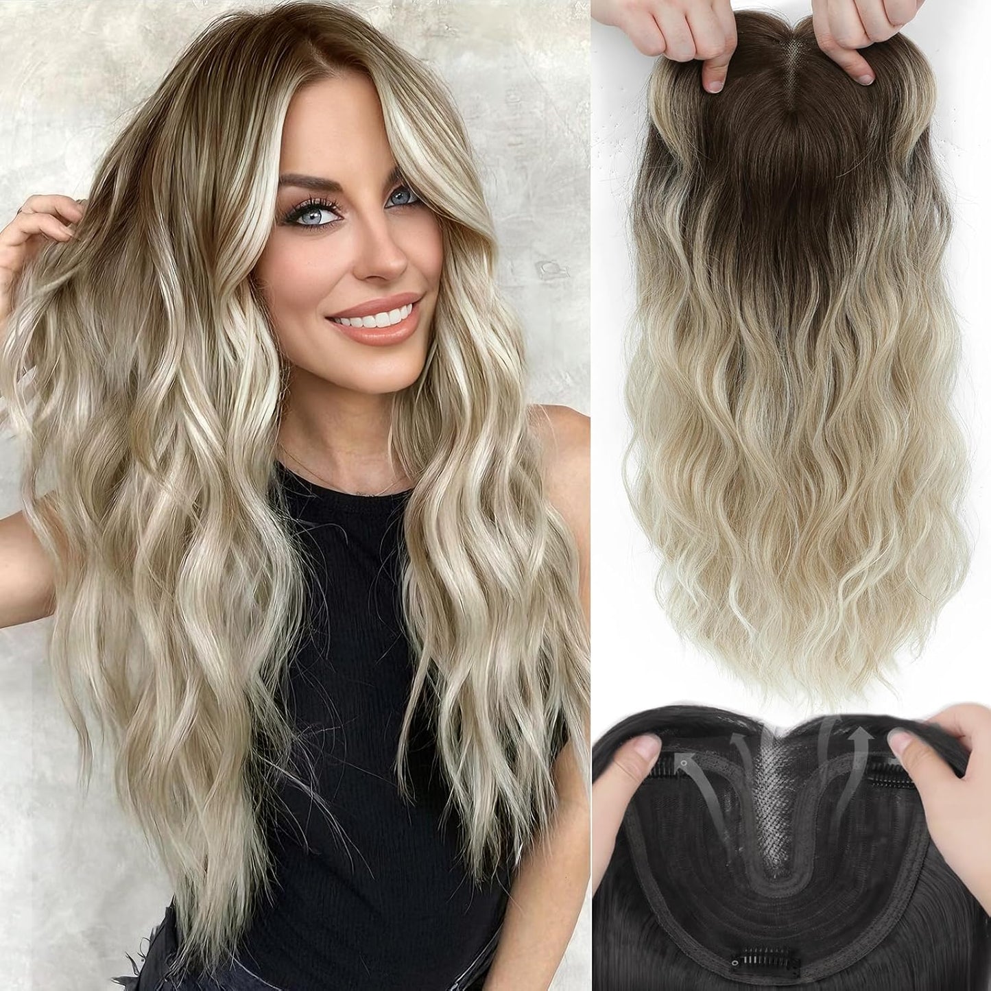 16 Inch Hair Topper for Women - Synthetic Curly Wavy Clip-In with Wispy Bangs | Auburn Brown Natural Volume