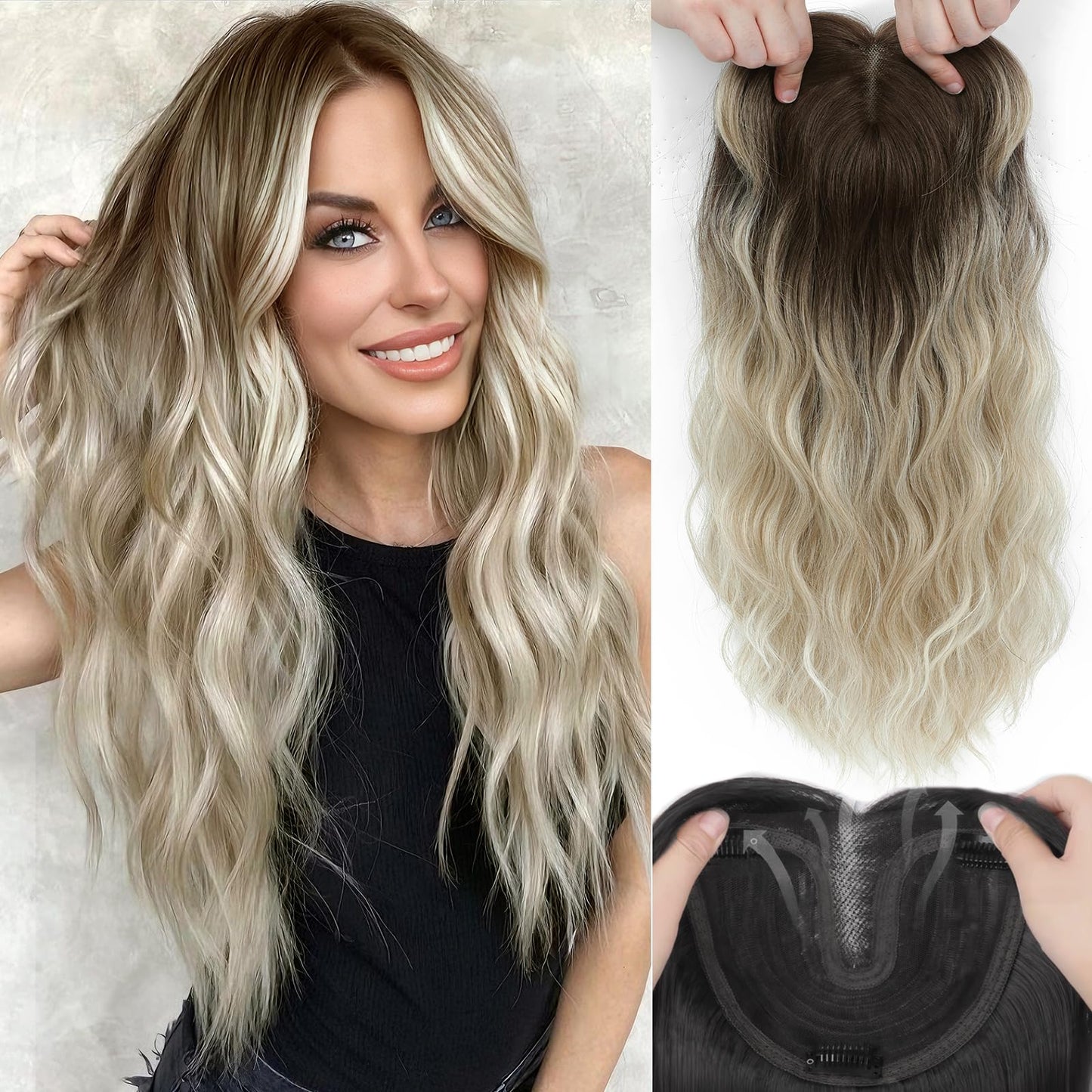 16 Inch Hair Topper for Women with Thinning Hair, Synthetic Curly Wavy Clip-In Topper with Wispy Bangs, Natural Looking Crown Coverage, Lightweight Hair Piece for Volume