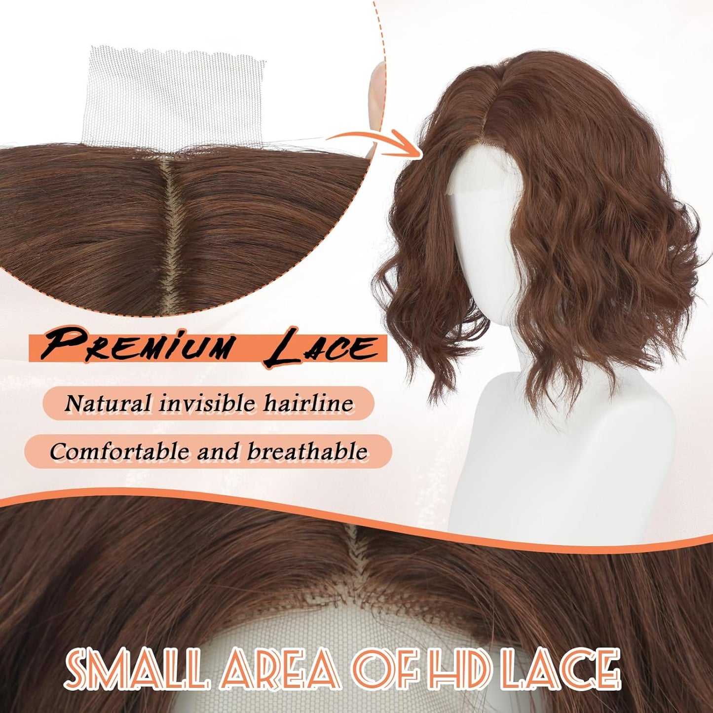 Brown Bob Wig for Women - Lace Front Short Wavy Curly Synthetic Hair | 11 Inch Reddish Brown