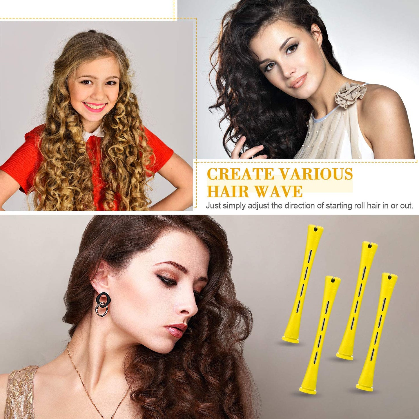 24 Pcs Hair Perm Rods - Plastic Cold Wave Curlers with Steel Pintail Comb | Yellow, 0.28 Inches