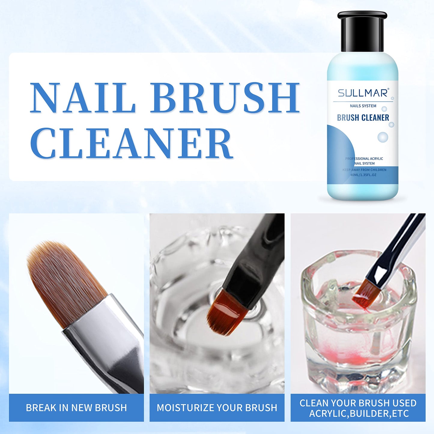 SULLMAR Acrylic Nail Brush Cleaner 40ml Nails Nail Art Tools for Quickly Clean Gel Nail Art Brush with Nail Cotton Pads Glass Cup for Salon Home 1.35fl.oz