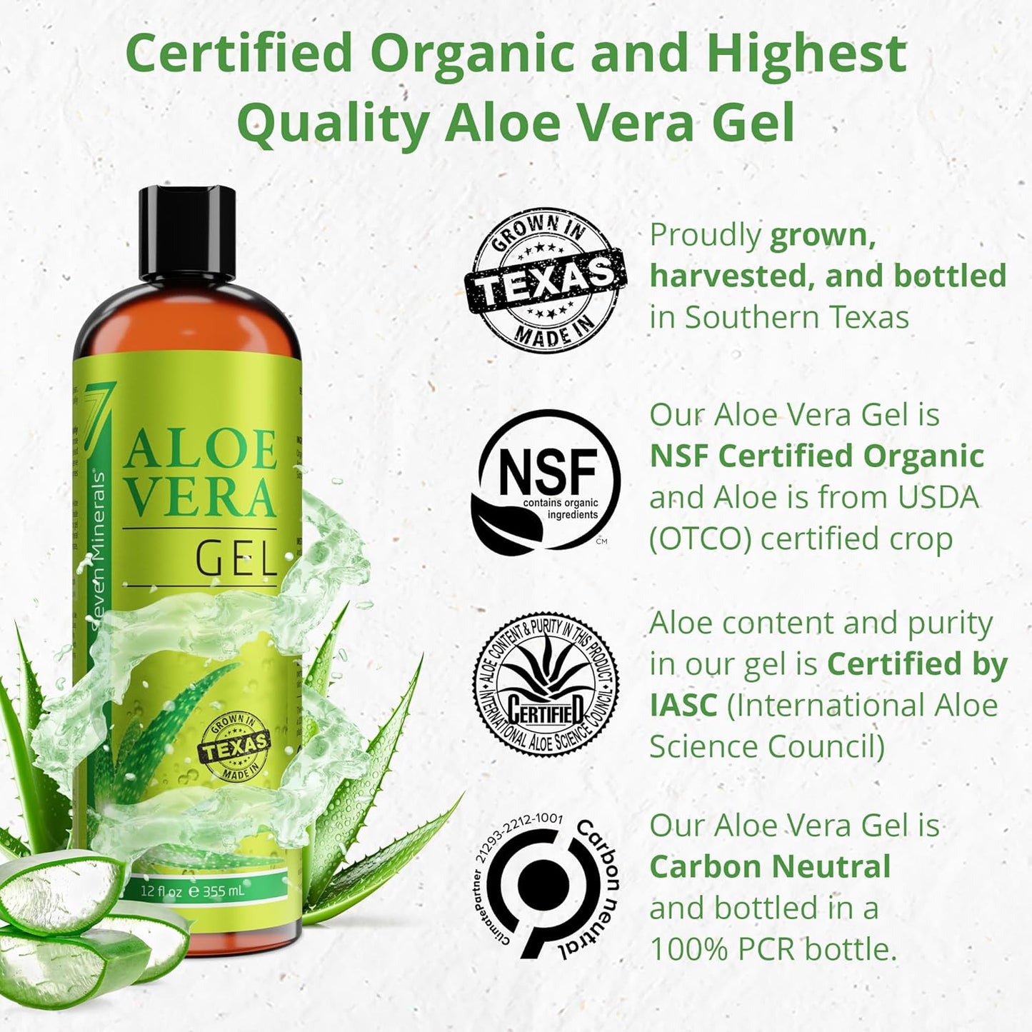 Organic Aloe Vera Gel - 100% Pure & Vegan - 12oz for Face, Skin, Hair & Sunburn Relief | Texas Grown