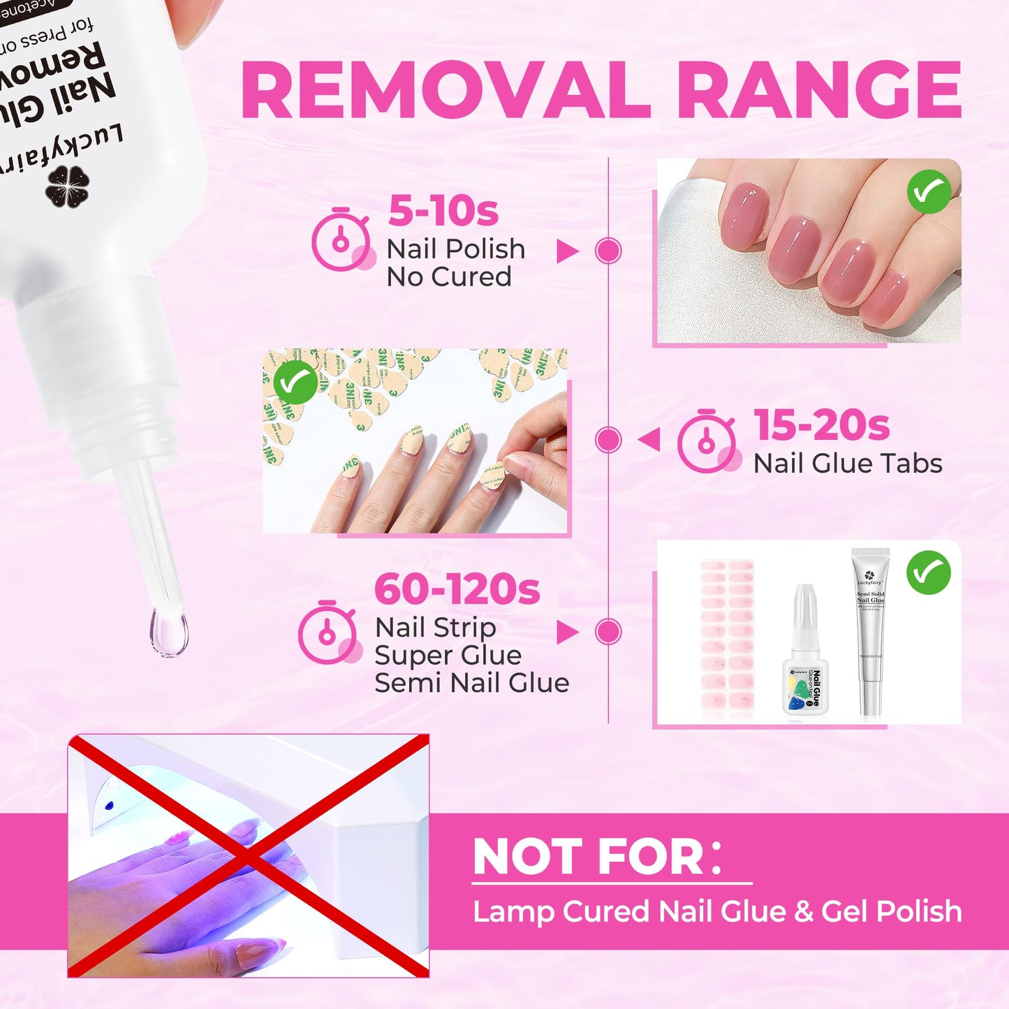 Luckyfairy Nail Glue Remover for Press on Nails, 15ml Acetone-free Nail Polish Remover, Multi-Functional Glue Remover for Nails Tips, Quick Easy Gentle Removal, Not for Gel Polish