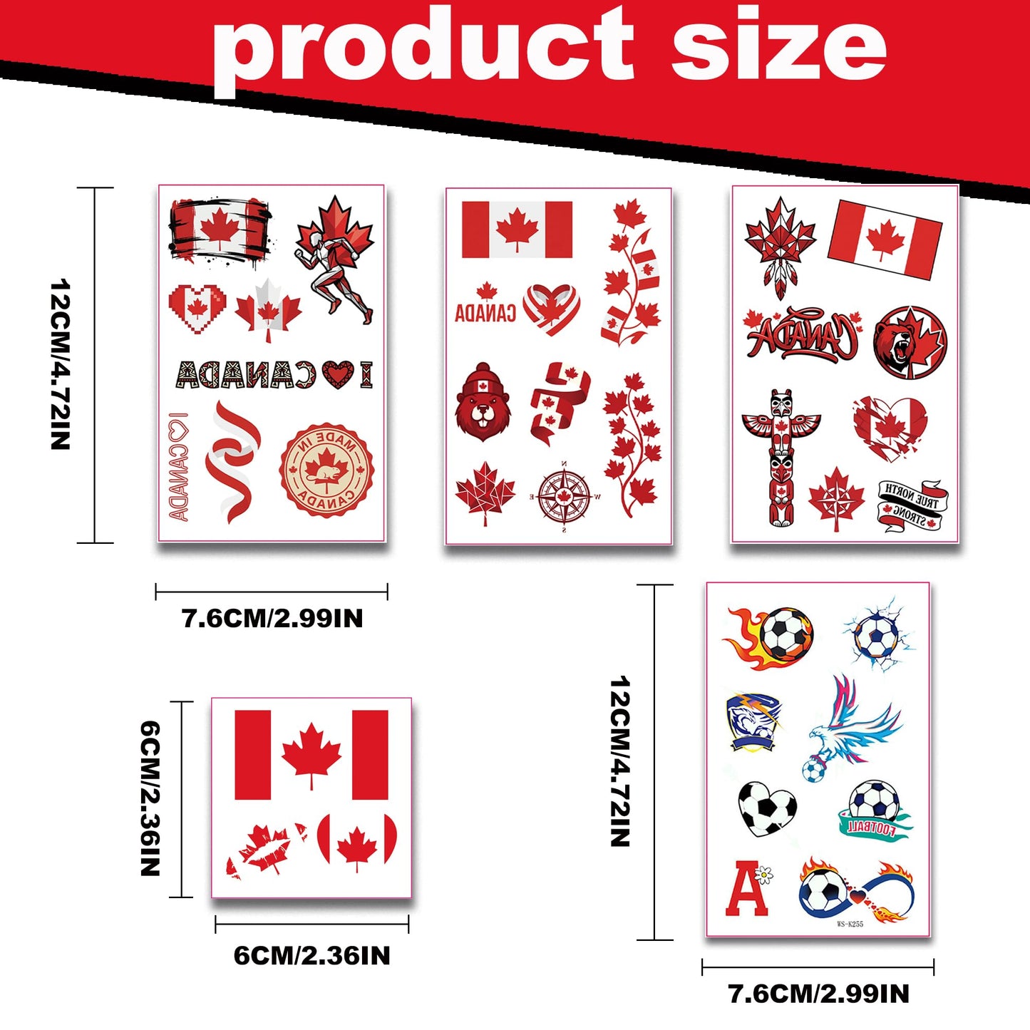 Canada Flag Temporary Tattoos for Sports Events | 11 Sheets- Waterproof Face Tattoos for Football Fans | Tattoo Stickers for Football Matches & Game Day Celebrations