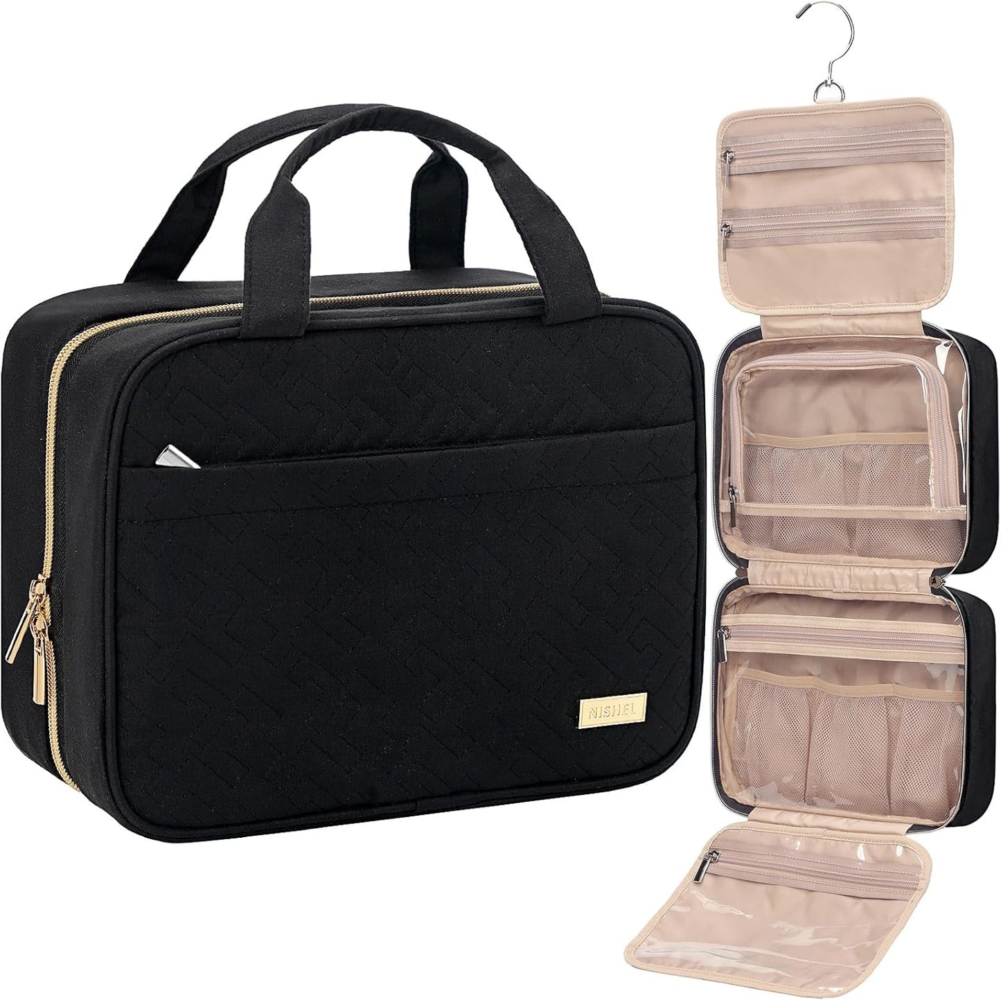 NISHEL Travel Toiletry Bag - Portable Hanging Organizer for Shampoo, Conditioner & Makeup | Medium Pink