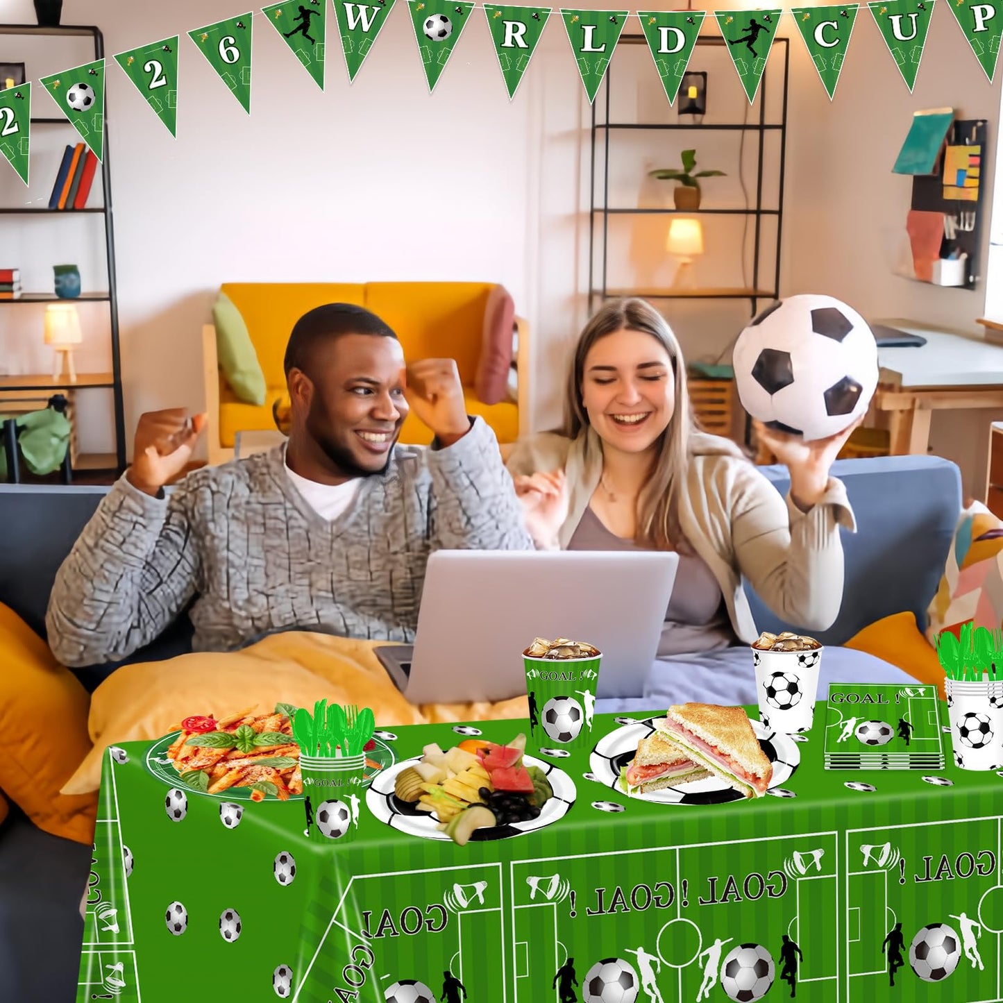FLUEZE 172 Pcs Soccer Party Decorations, World Cup Party Decorations - Includes Tablecloth, Plate, Cup, Napkin, Banner, Knife, Fork, Spoons for Soccer Party Decorations (Soccer Party)
