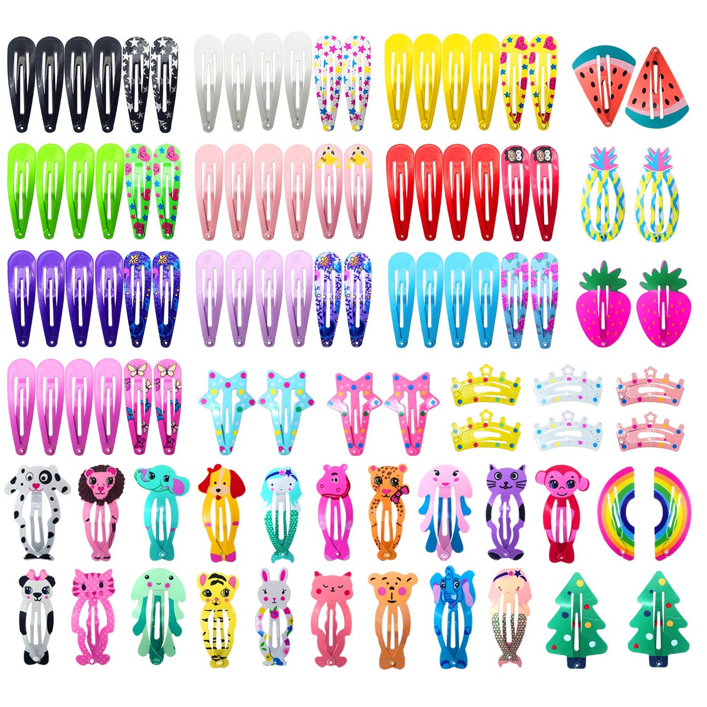 Funtopia Hair Clips for Girls - 100 Pcs No Slip Metal Snap Barrettes | Cute Candy Color Cartoon Designs