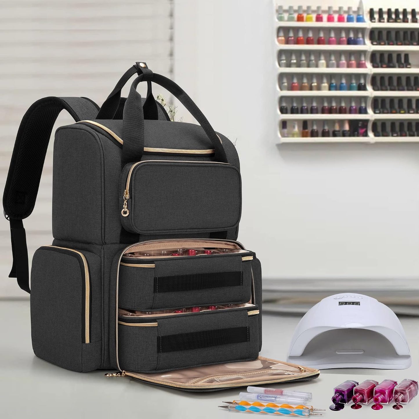 Nail Polish Organizer Backpack - Holds 70 Bottles & Lamp | Travel Bag with Removable Cases & Tool Pockets - Black